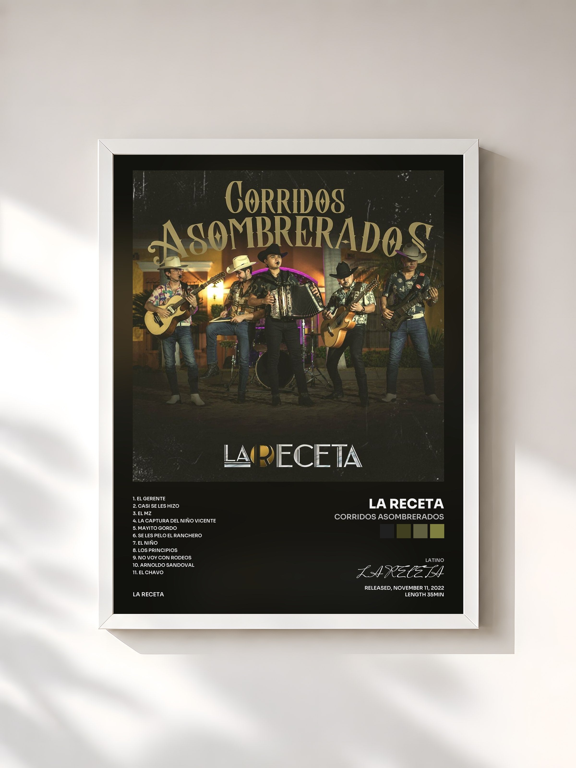 #blanc Tableau de l'album Corridos Asombrerados de LA RECETA, cadre blanc, imprimé et encadré en France