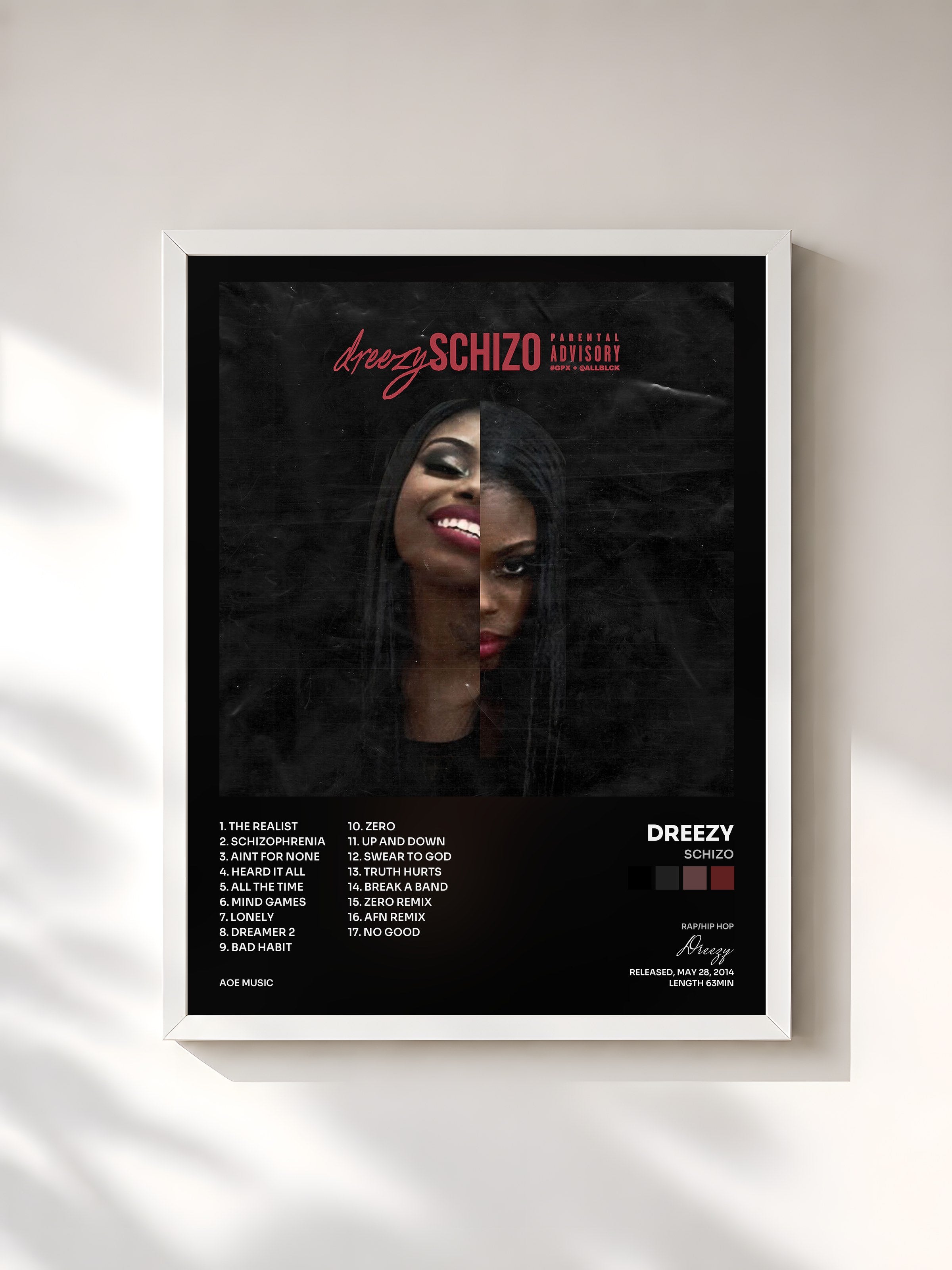 #blanc Tableau de l'album Schizo de Dreezy, cadre blanc, imprimé et encadré en France