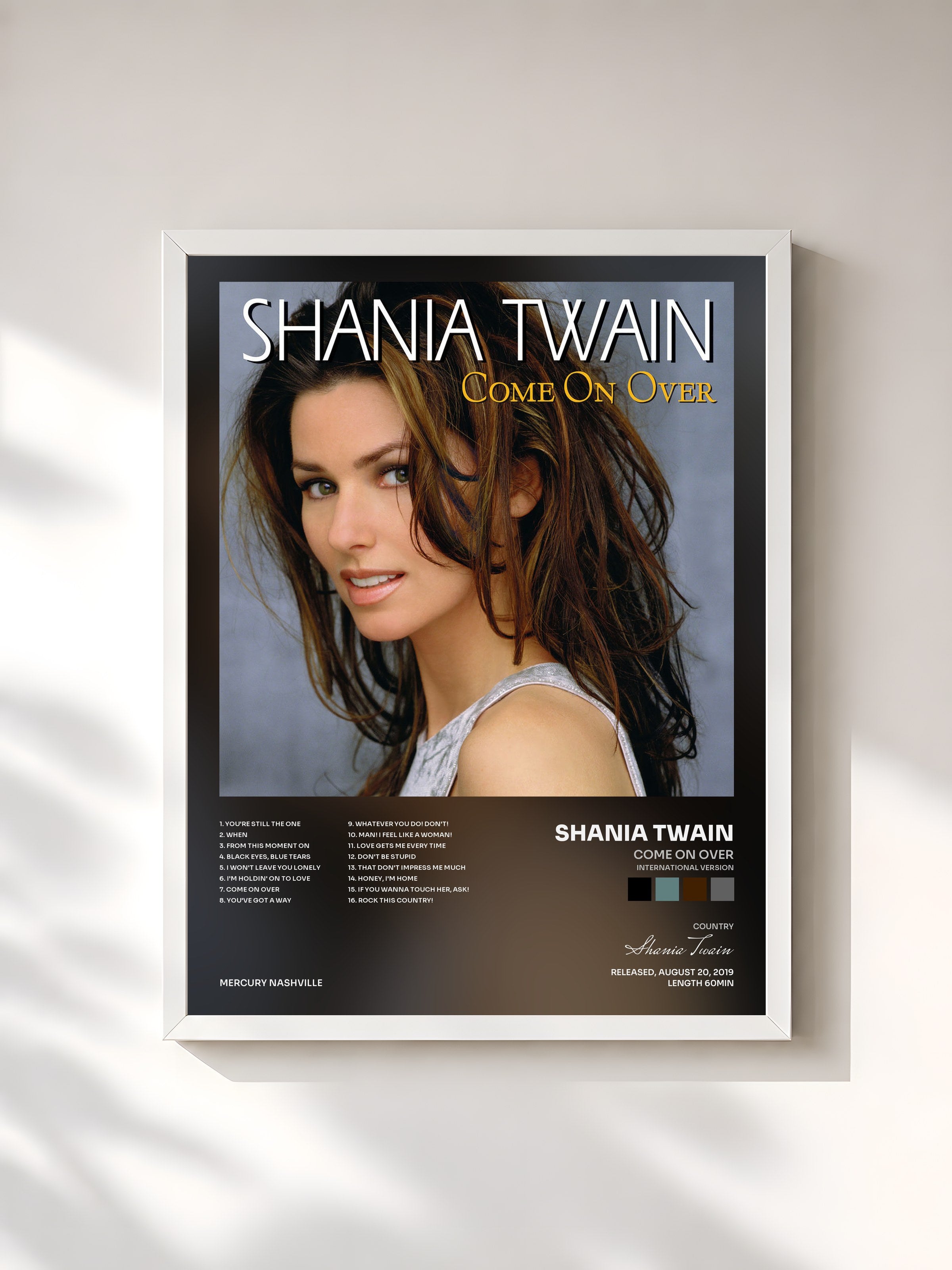 #blanc Tableau de l'album Come On Over (International Version) de Shania Twain, cadre blanc, imprimé et encadré en France