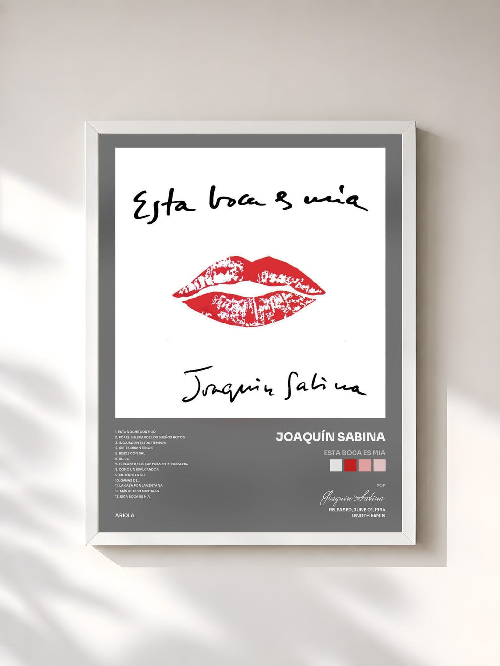 #blanc Tableau de l'album Esta Boca Es Mia de Joaquín Sabina, cadre blanc, imprimé et encadré en France