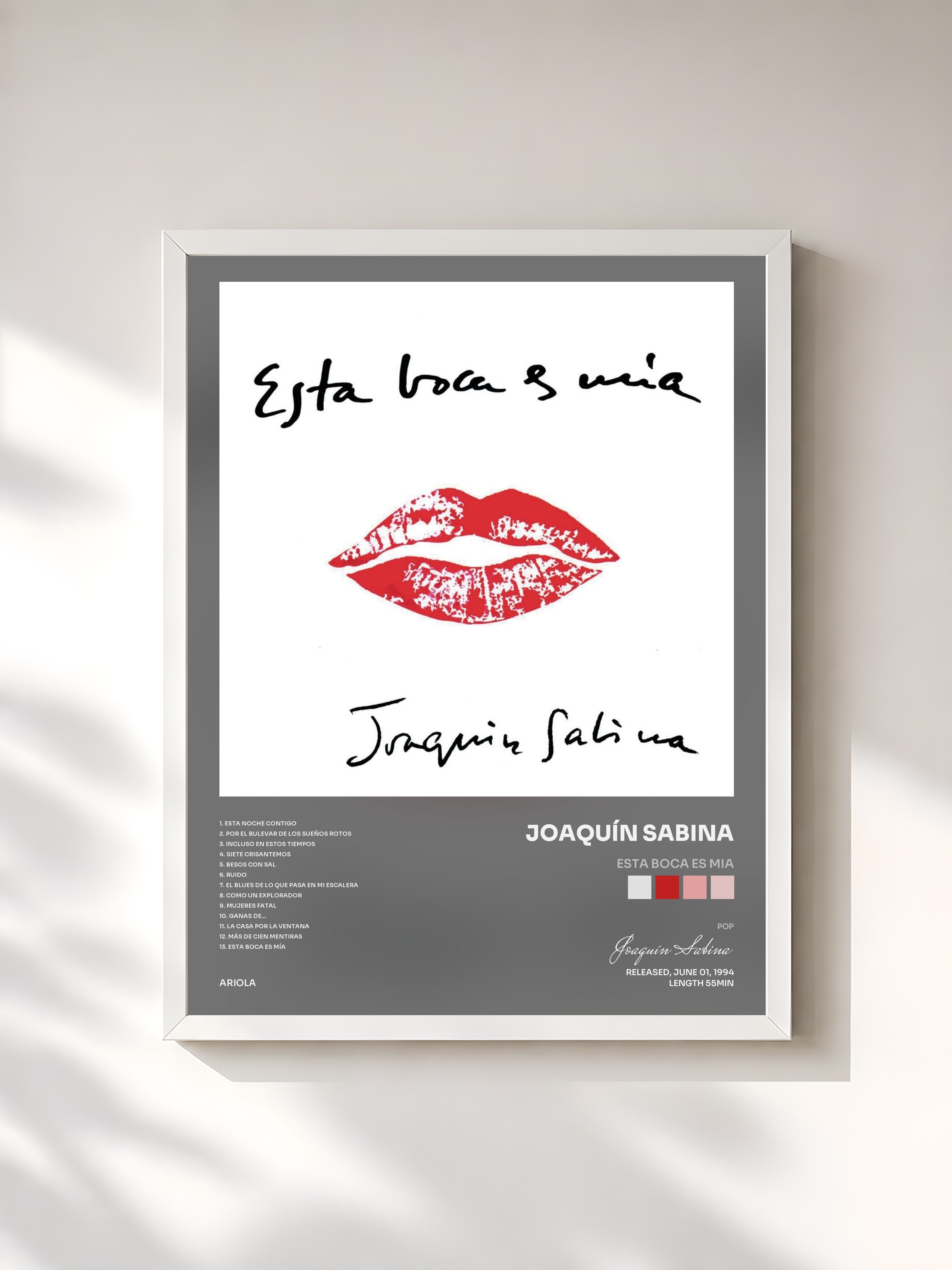 #blanc Tableau de l'album Esta Boca Es Mia de Joaquín Sabina, cadre blanc, imprimé et encadré en France