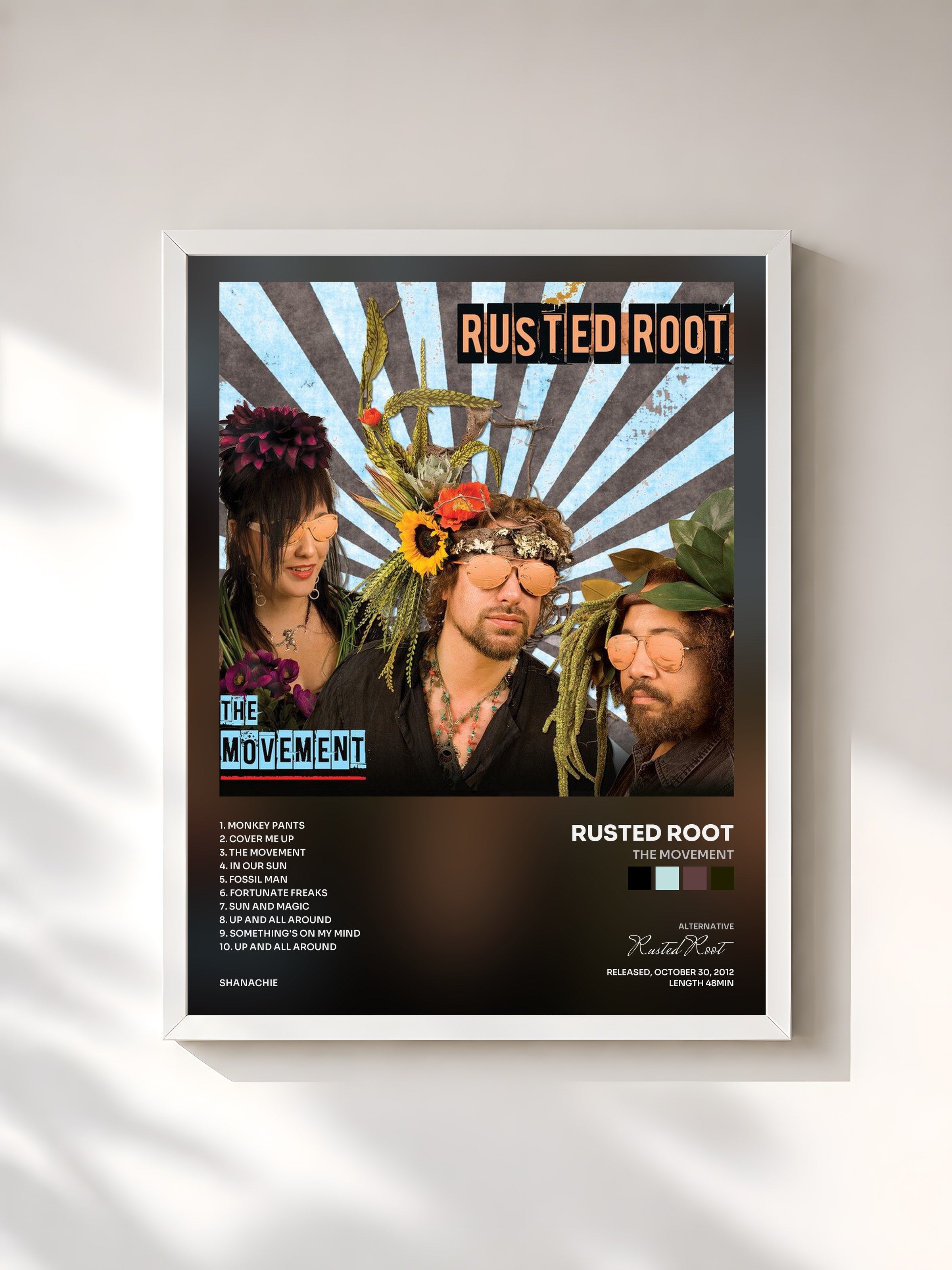 #blanc Tableau de l'album The Movement de Rusted Root, cadre blanc, imprimé et encadré en France