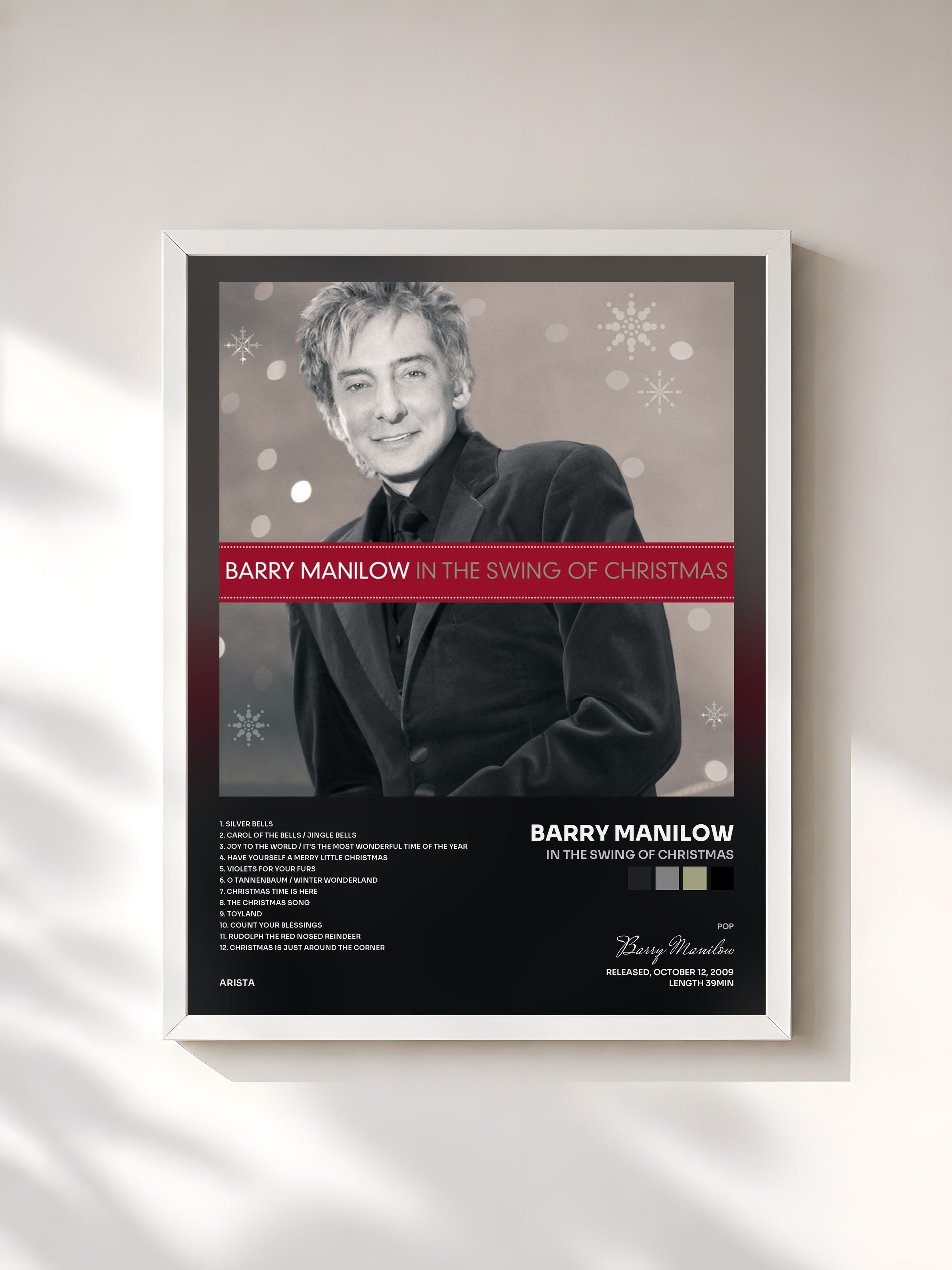 #blanc Tableau de l'album In The Swing Of Christmas de Barry Manilow, cadre blanc, imprimé et encadré en France