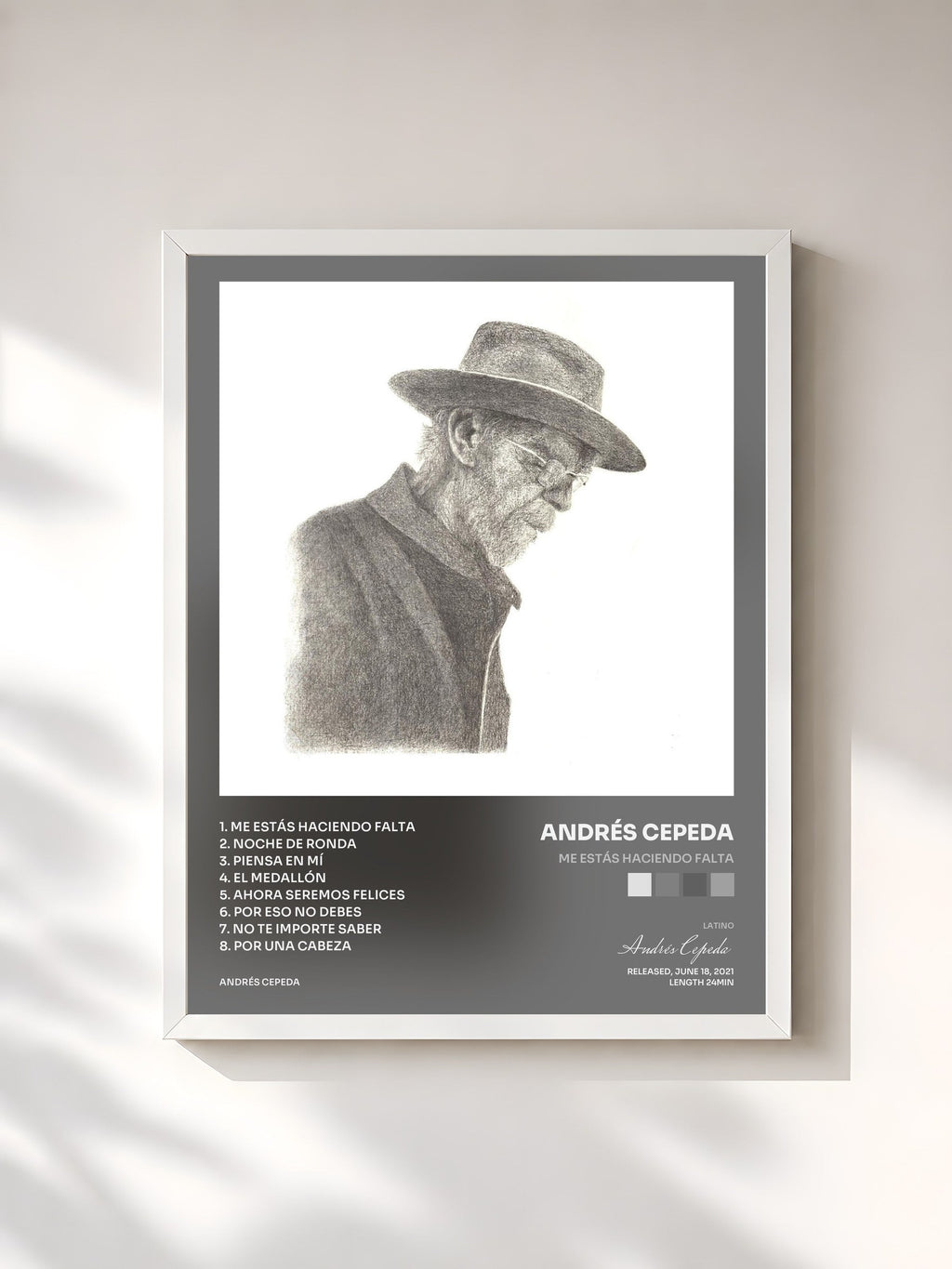 #blanc Me Estás Haciendo Falta by Andrés Cepeda as a framed art print, white frame, printed and framed in France