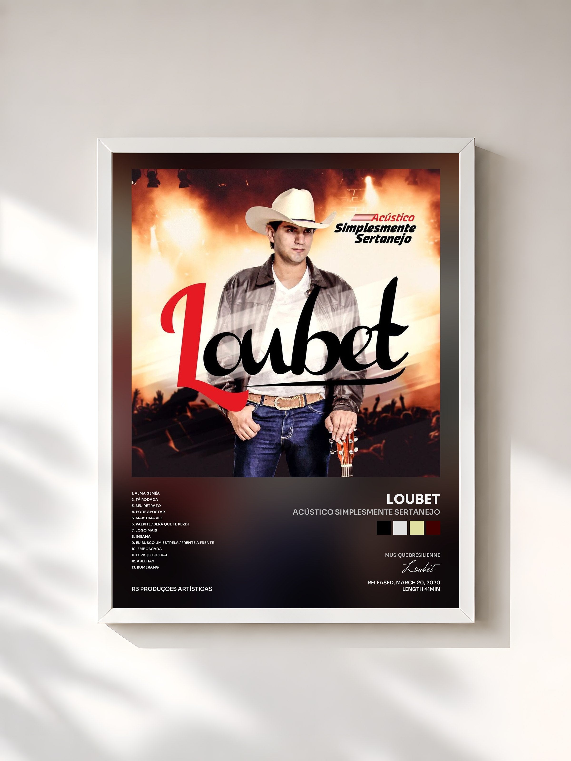 #blanc Tableau de l'album Acústico Simplesmente Sertanejo de Loubet, cadre blanc, imprimé et encadré en France