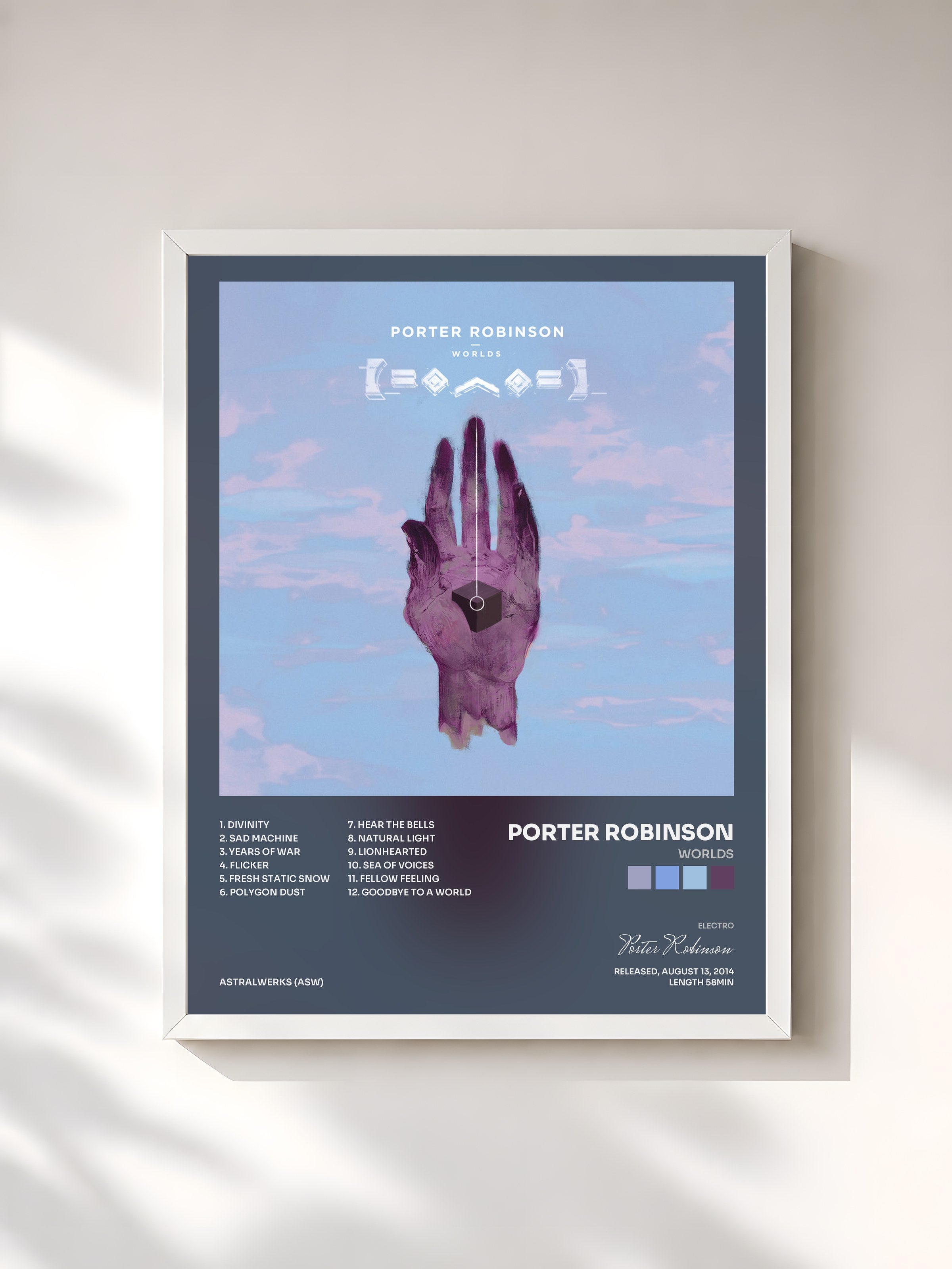#blanc Tableau de l'album Worlds de Porter Robinson, cadre blanc, imprimé et encadré en France