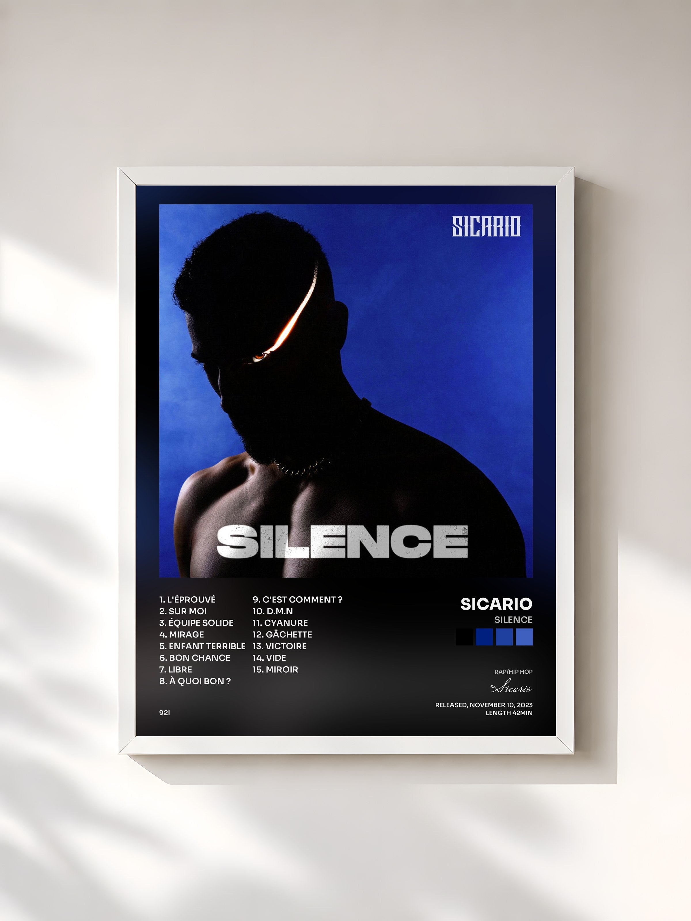 #blanc Tableau de l'album Silence de Sicario, cadre blanc, imprimé et encadré en France