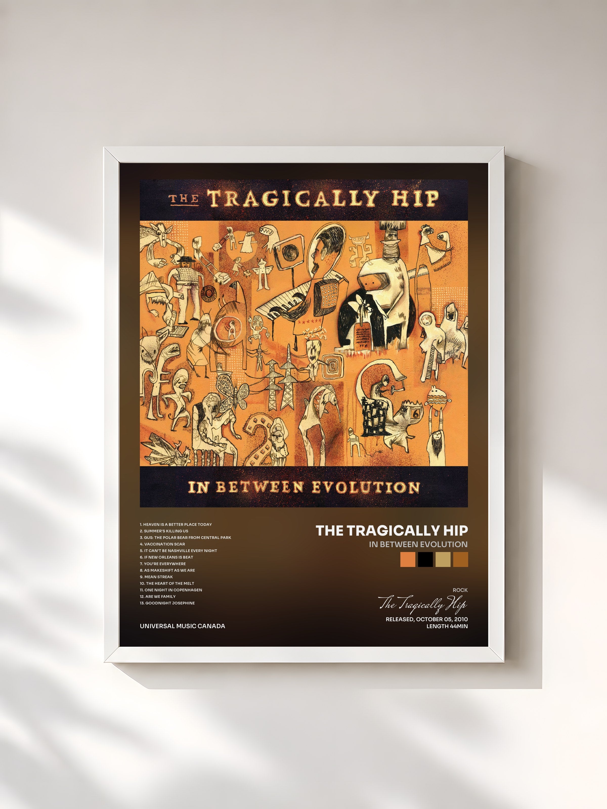 #blanc Tableau de l'album In Between Evolution de The Tragically Hip, cadre blanc, imprimé et encadré en France