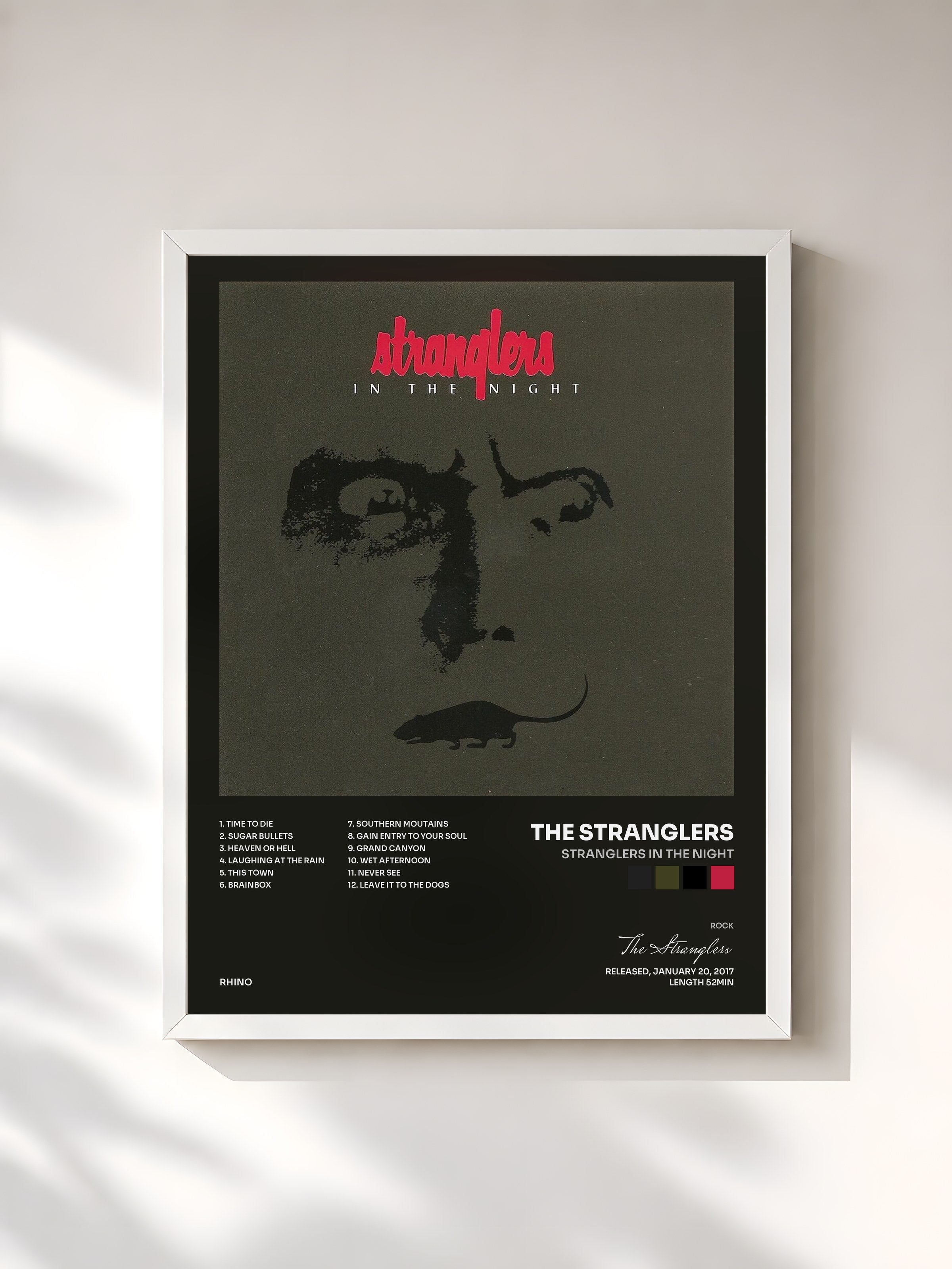 #blanc Tableau de l'album Stranglers in the Night de The Stranglers, cadre blanc, imprimé et encadré en France
