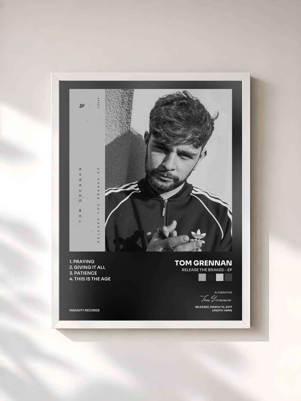 #blanc Tableau de l'album Release the Brakes - EP de Tom Grennan, cadre blanc, imprimé et encadré en France