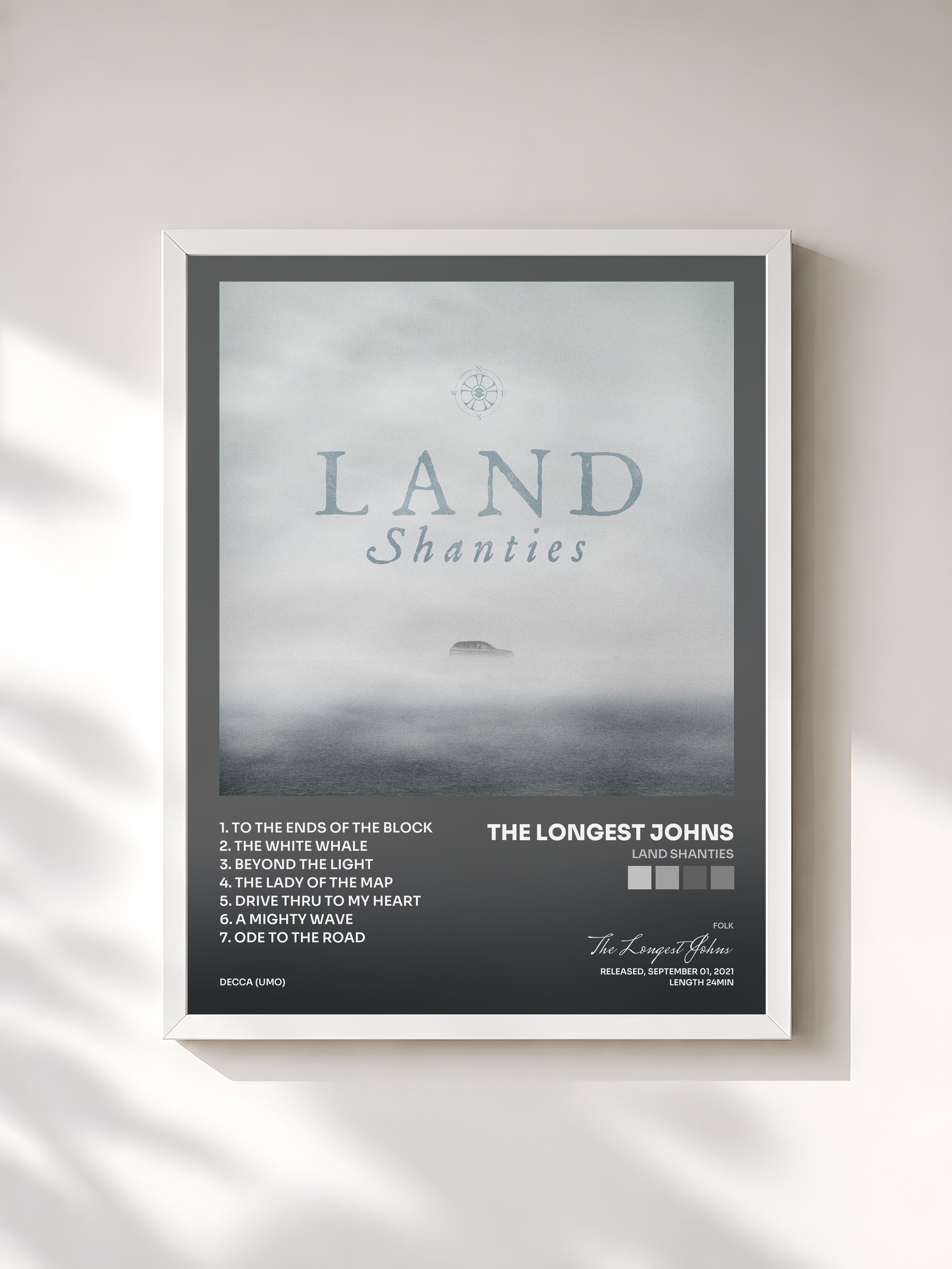#blanc Tableau de l'album Land Shanties de The Longest Johns, cadre blanc, imprimé et encadré en France