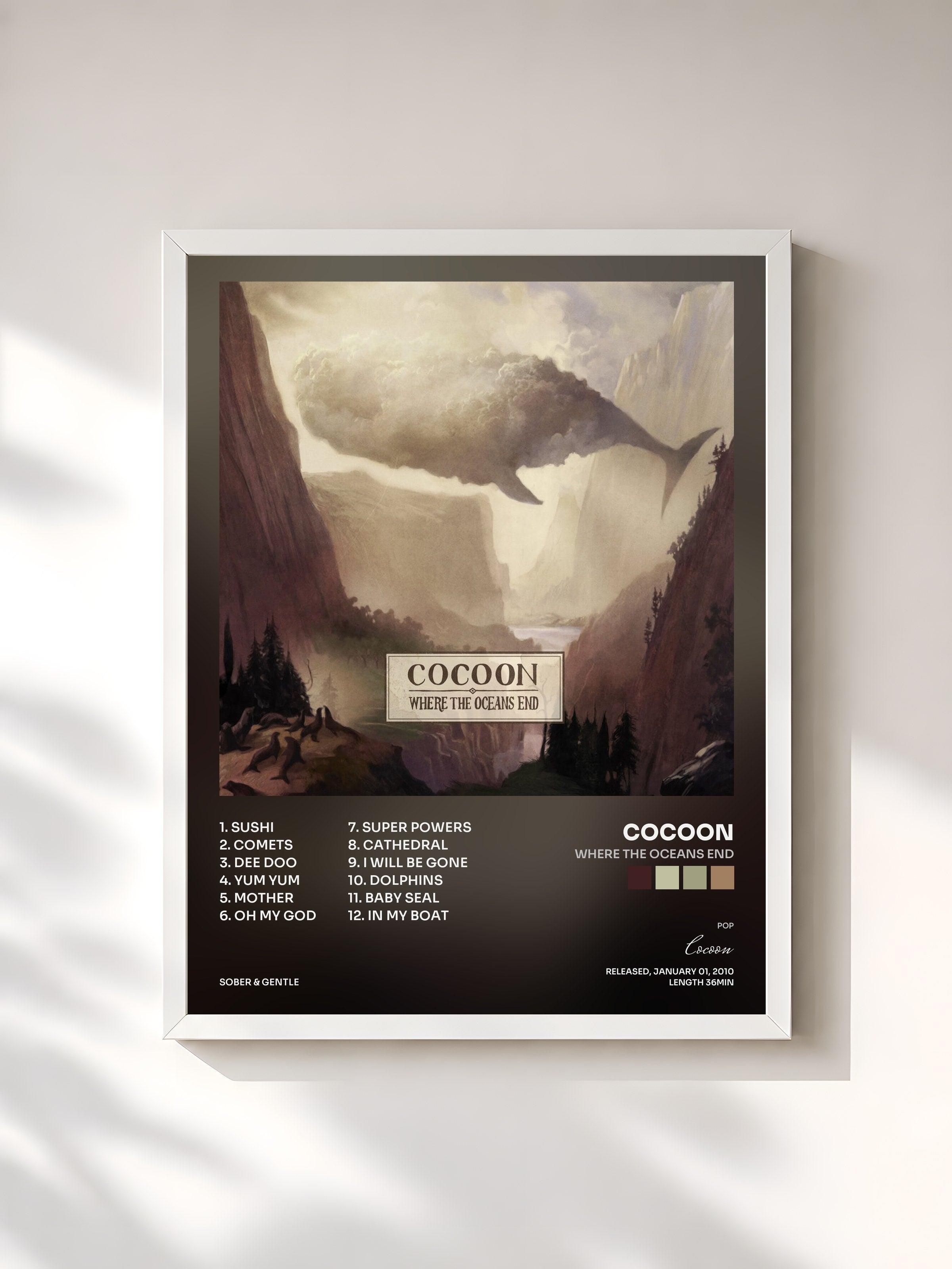 #blanc Tableau de l'album Where The Oceans End de Cocoon, cadre blanc, imprimé et encadré en France