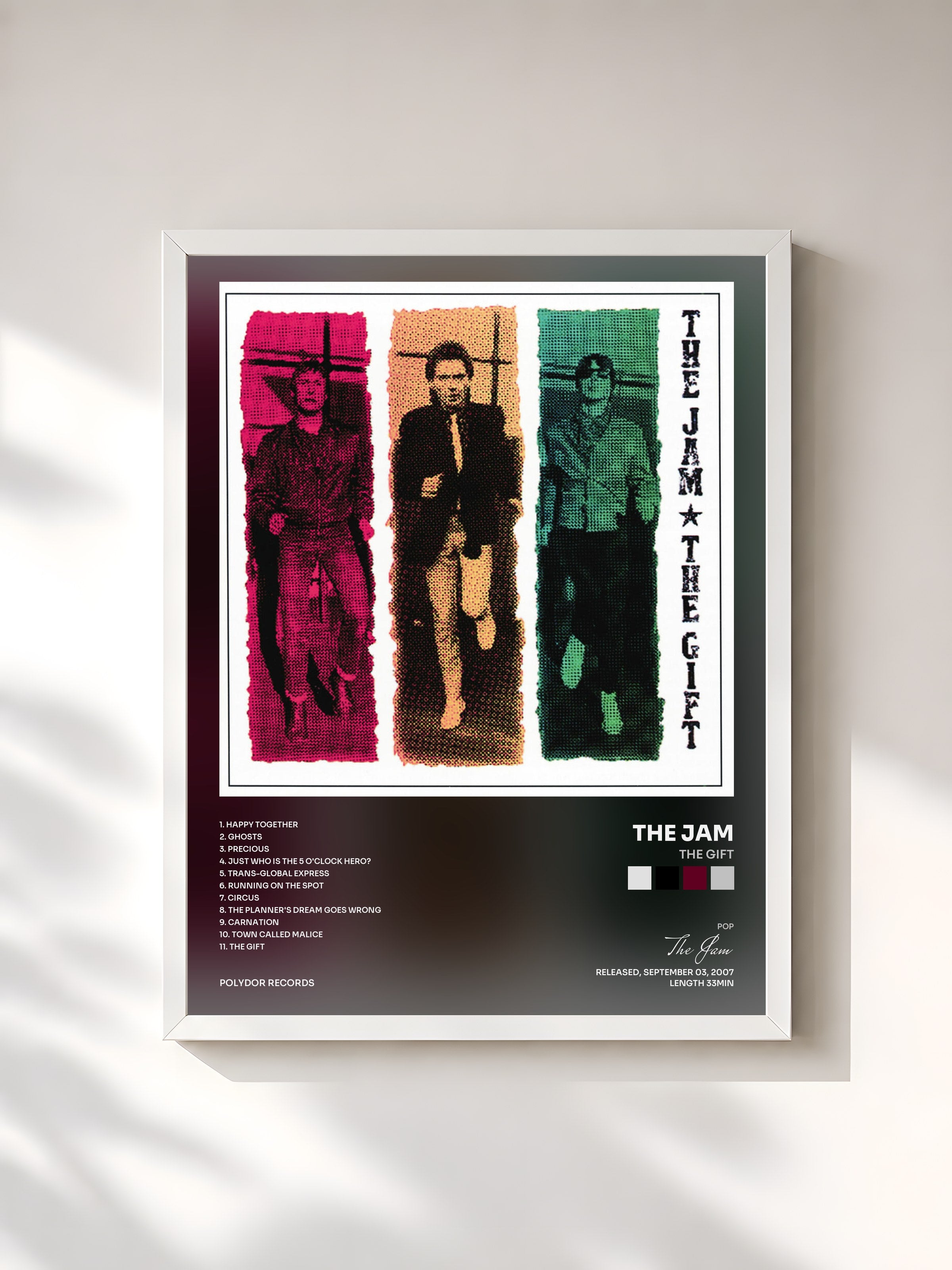 #blanc Tableau de l'album The Gift de The Jam, cadre blanc, imprimé et encadré en France