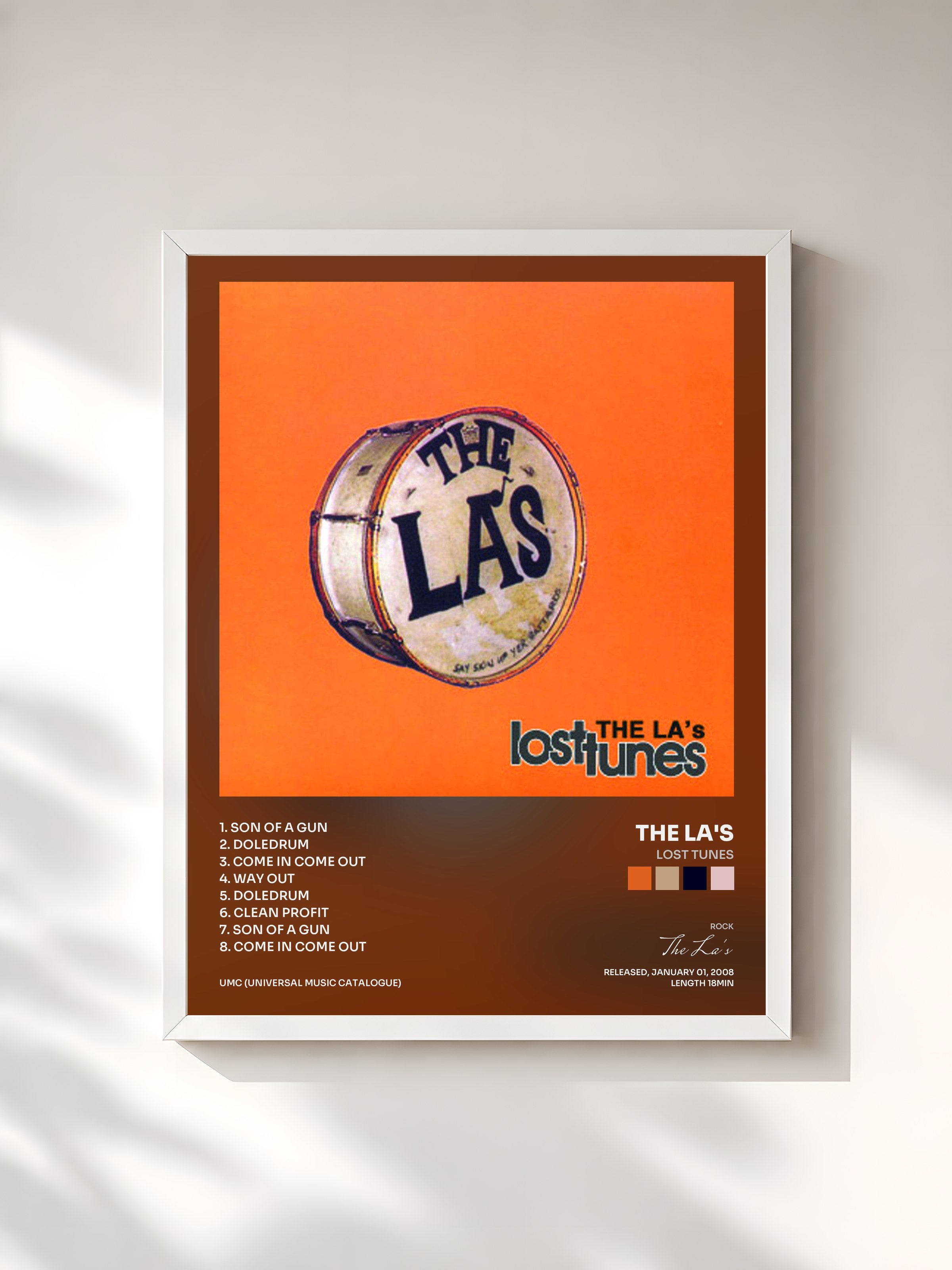 #blanc Tableau de l'album Lost Tunes de The La's, cadre blanc, imprimé et encadré en France