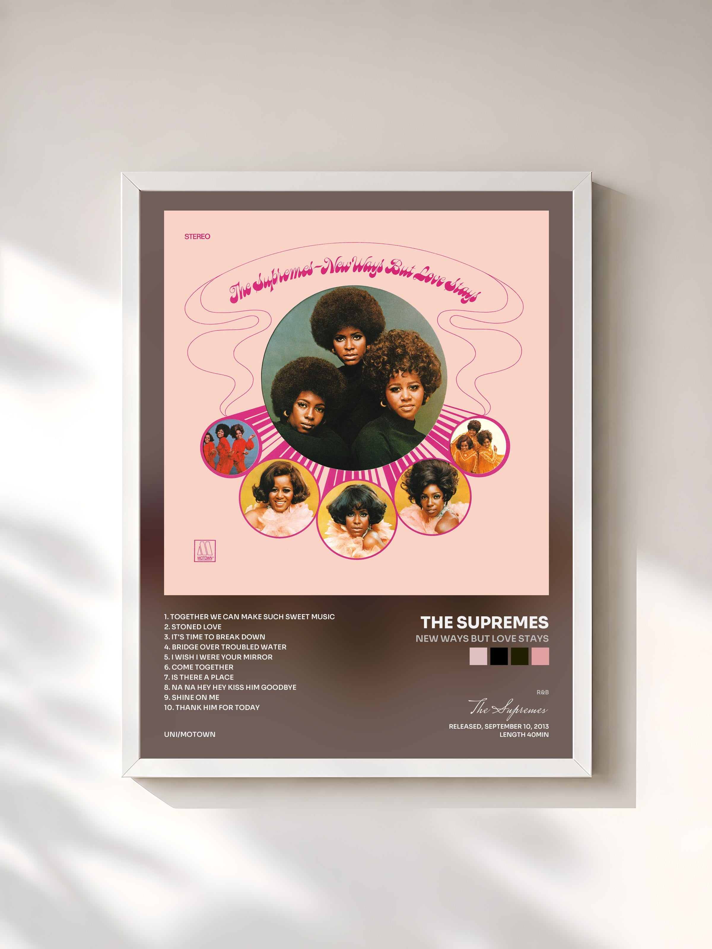 #blanc Tableau de l'album New Ways But Love Stays de The Supremes, cadre blanc, imprimé et encadré en France