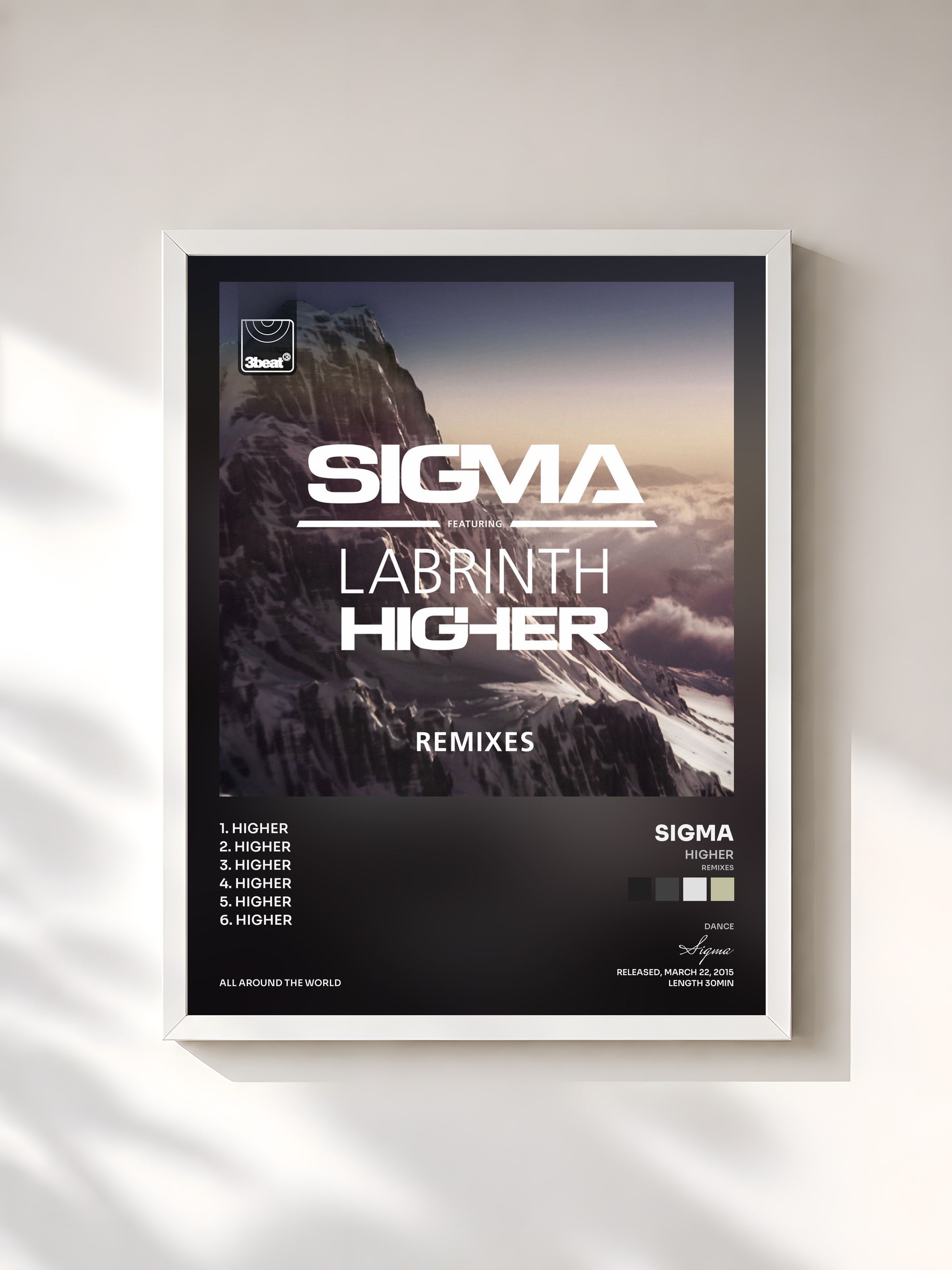 #blanc Tableau de l'album Higher (Remixes) de Sigma, cadre blanc, imprimé et encadré en France