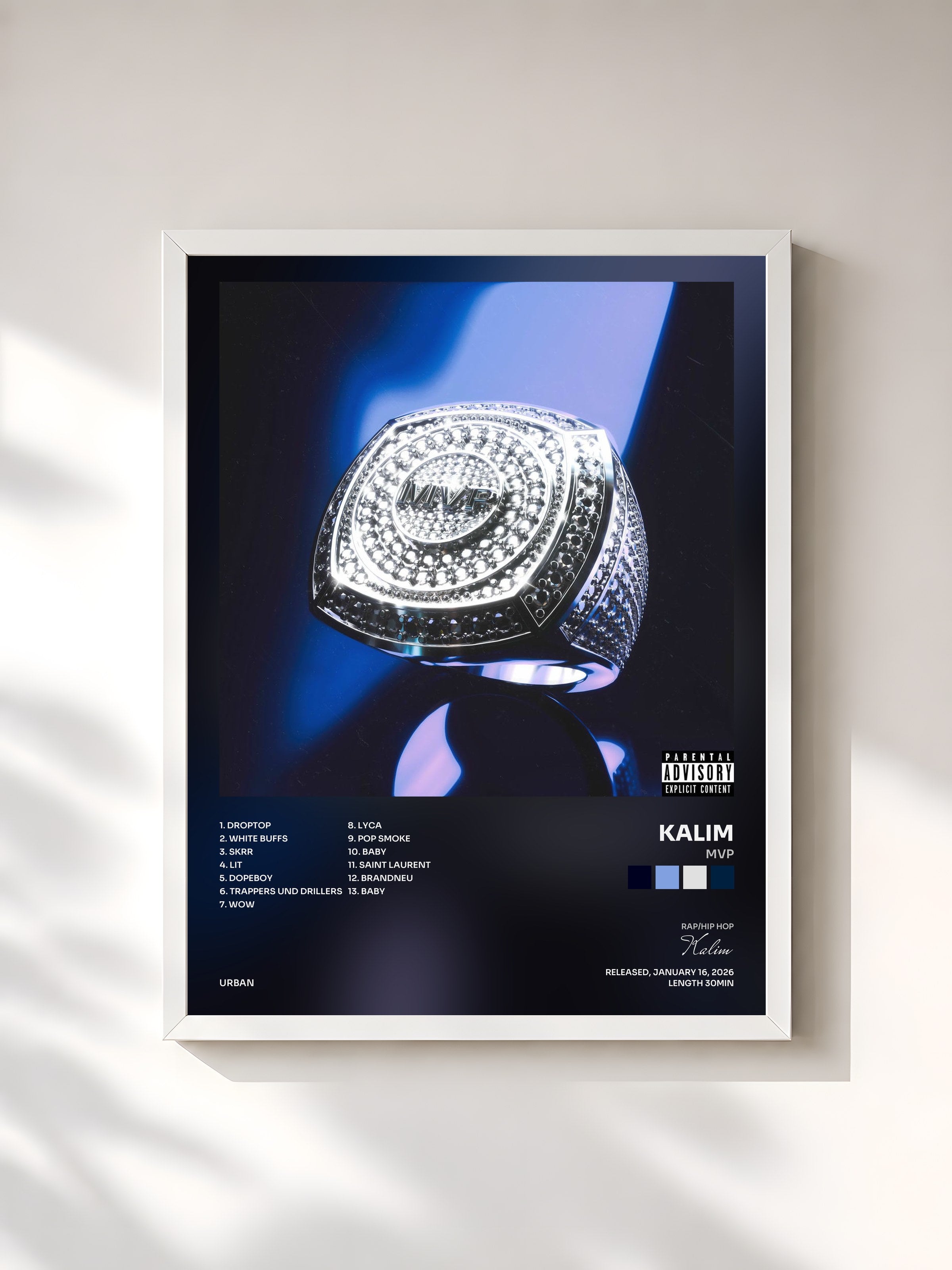 #blanc Tableau de l'album MVP de Kalim, cadre blanc, imprimé et encadré en France