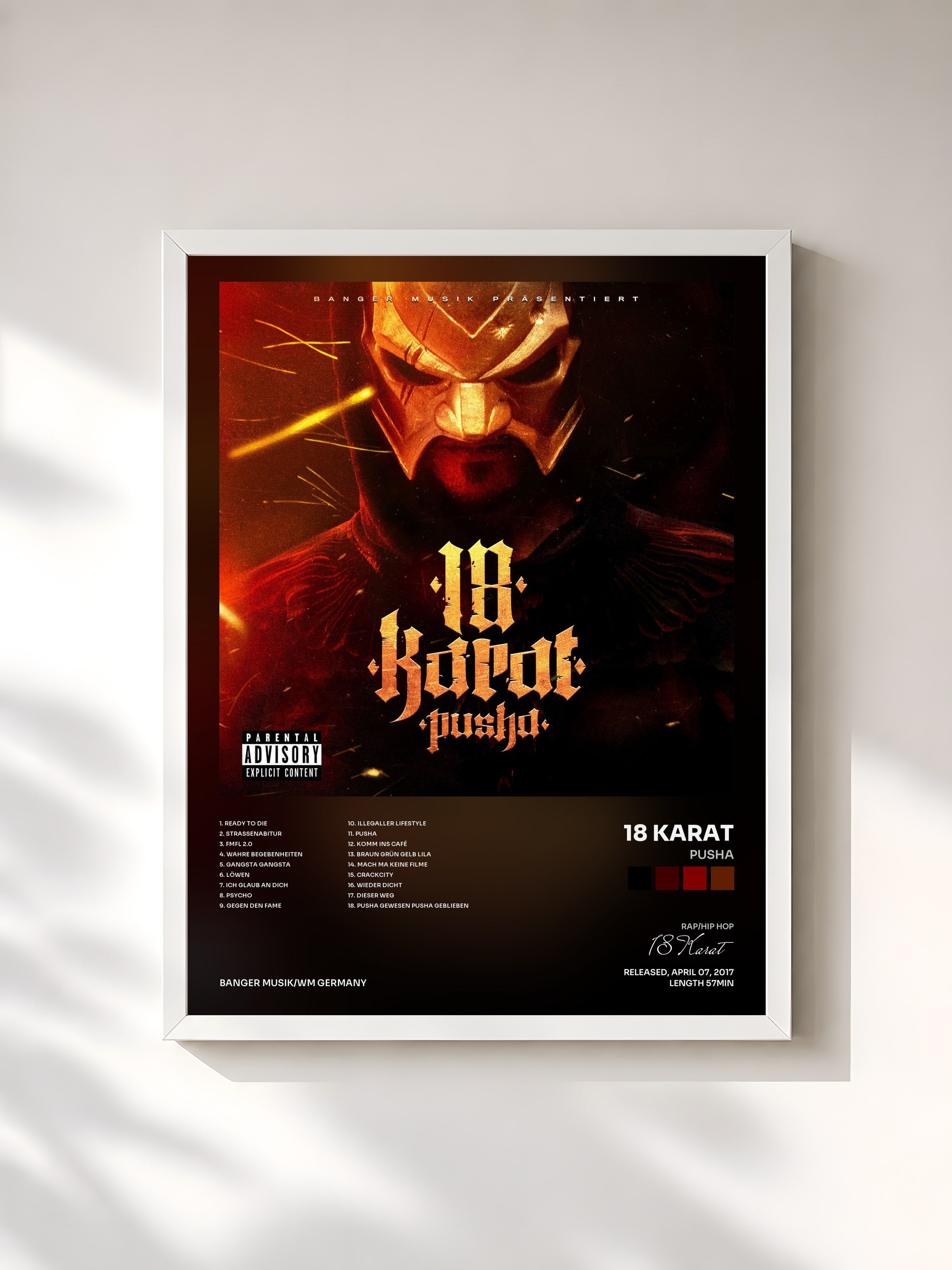 #blanc Tableau de l'album PUSHA de 18 Karat, cadre blanc, imprimé et encadré en France