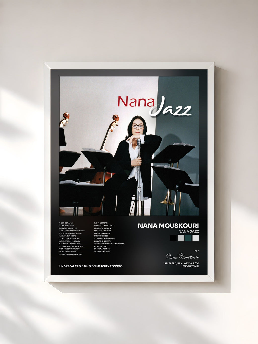 #blanc Tableau de l'album Nana Jazz de Nana Mouskouri, cadre blanc, imprimé et encadré en France