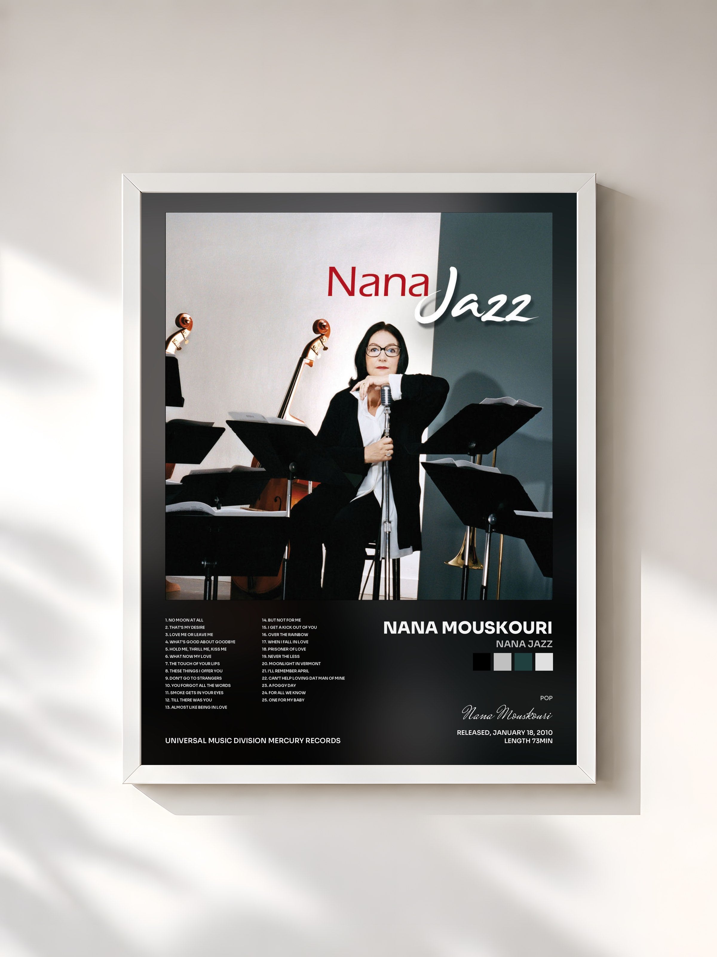 #blanc Tableau de l'album Nana Jazz de Nana Mouskouri, cadre blanc, imprimé et encadré en France