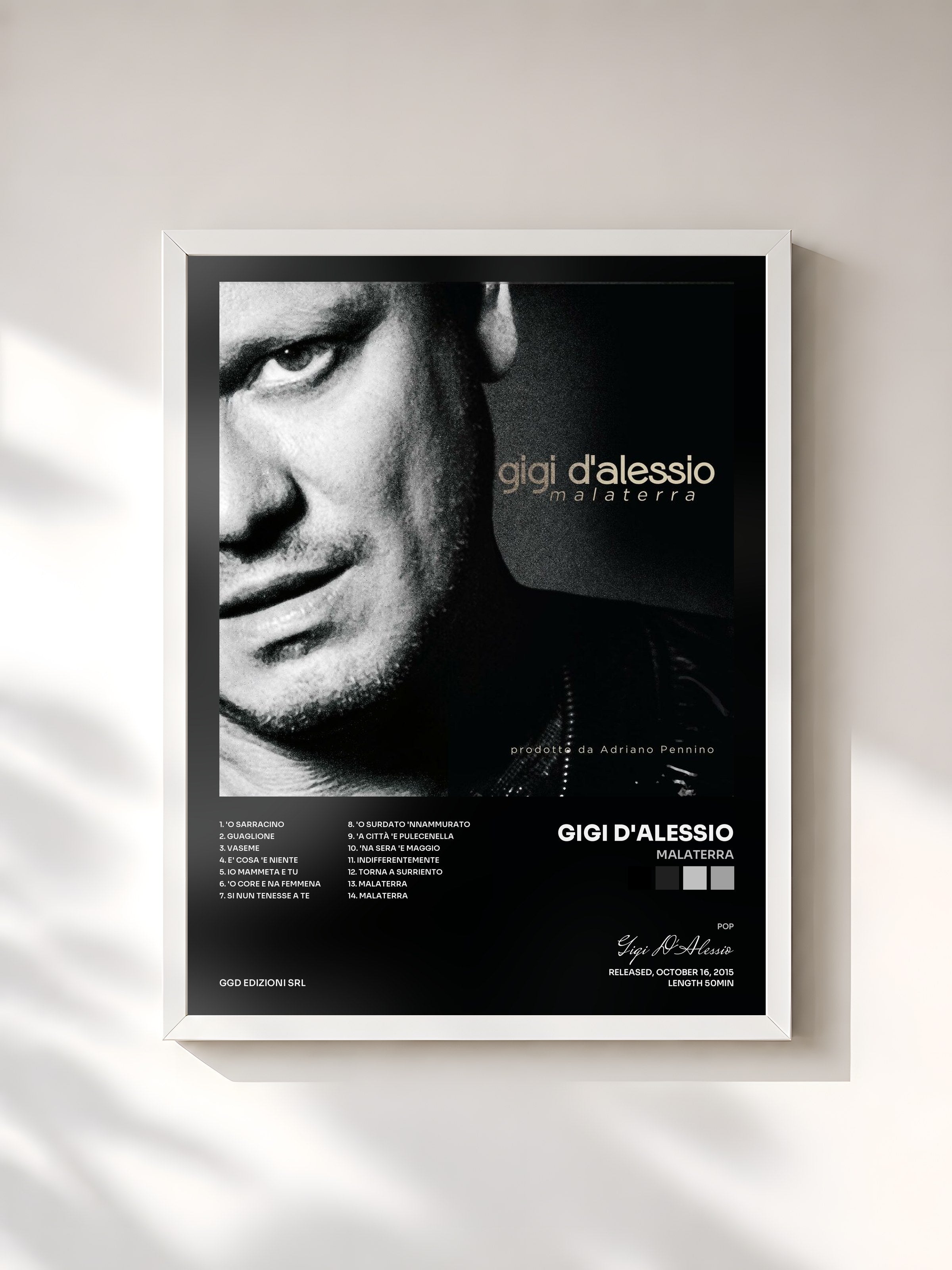 #blanc Tableau de l'album Malaterra de Gigi D'Alessio, cadre blanc, imprimé et encadré en France