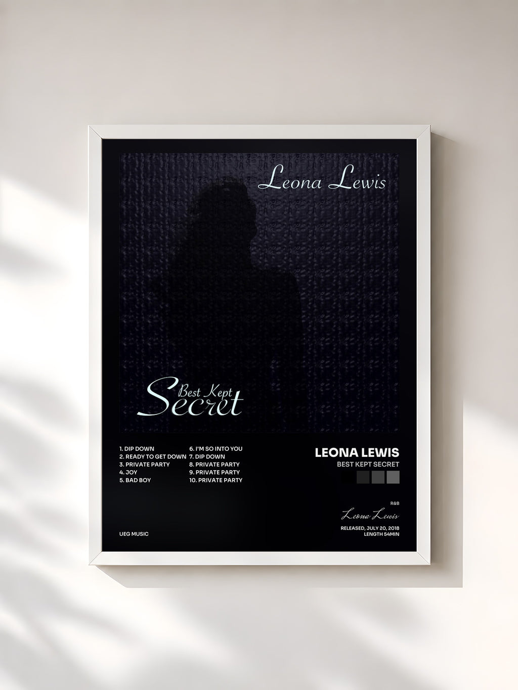 #blanc Tableau de l'album Best Kept Secret de Leona Lewis, cadre blanc, imprimé et encadré en France