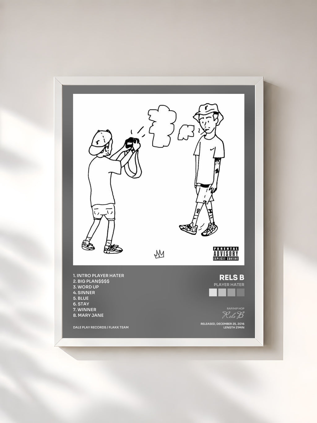 #blanc Tableau de l'album Player Hater de Rels B, cadre blanc, imprimé et encadré en France