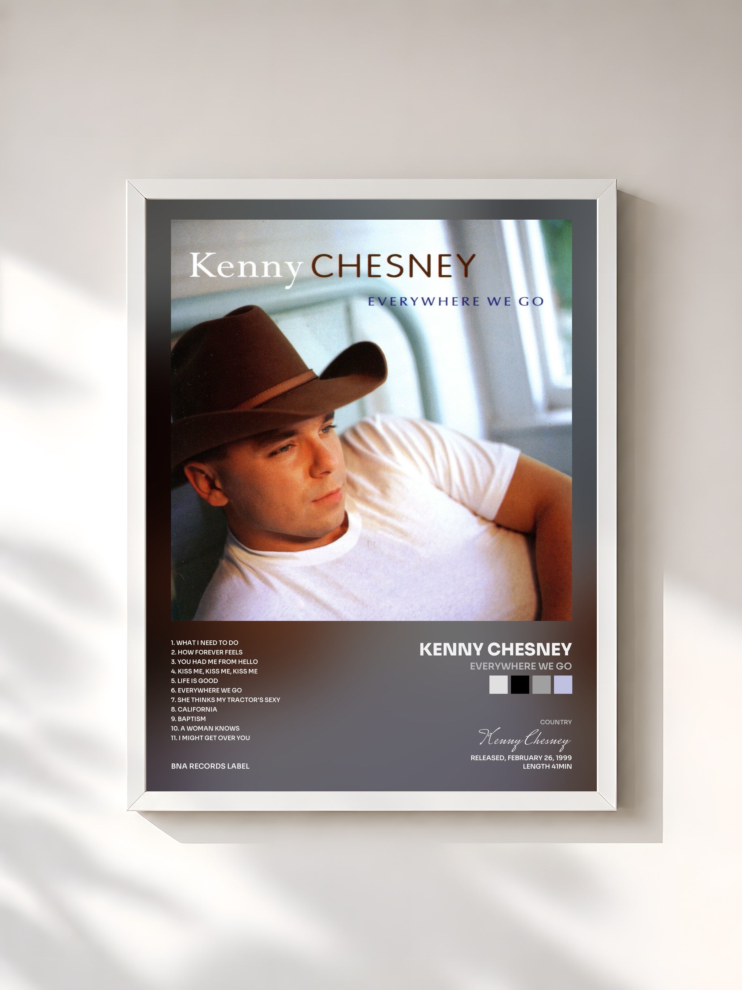 #blanc Tableau de l'album Everywhere We Go de Kenny Chesney, cadre blanc, imprimé et encadré en France