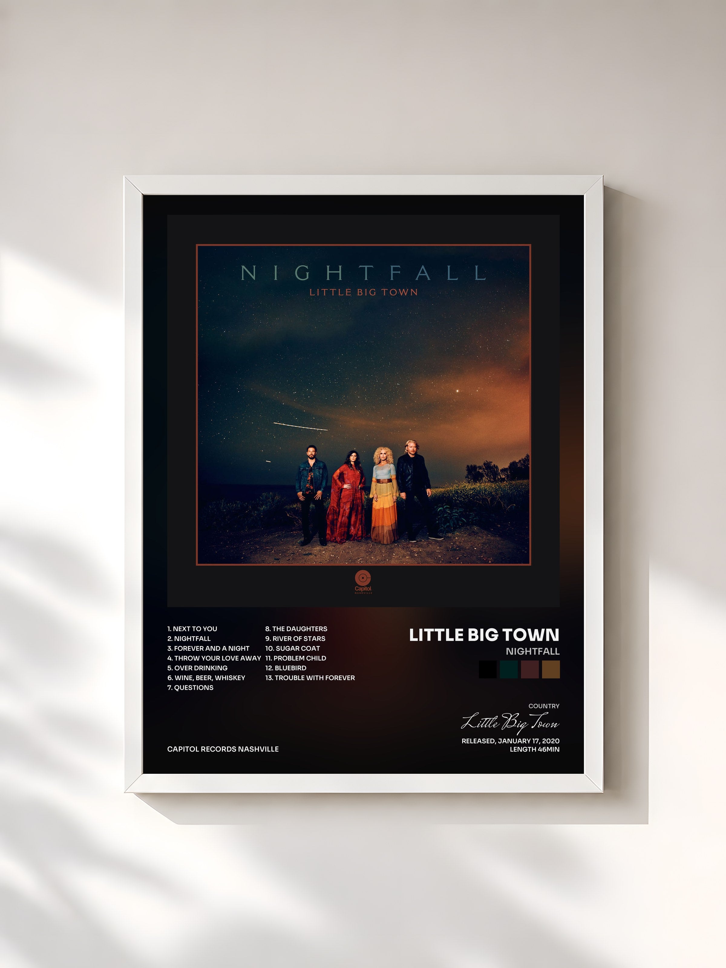 #blanc Tableau de l'album Nightfall de Little Big Town, cadre blanc, imprimé et encadré en France