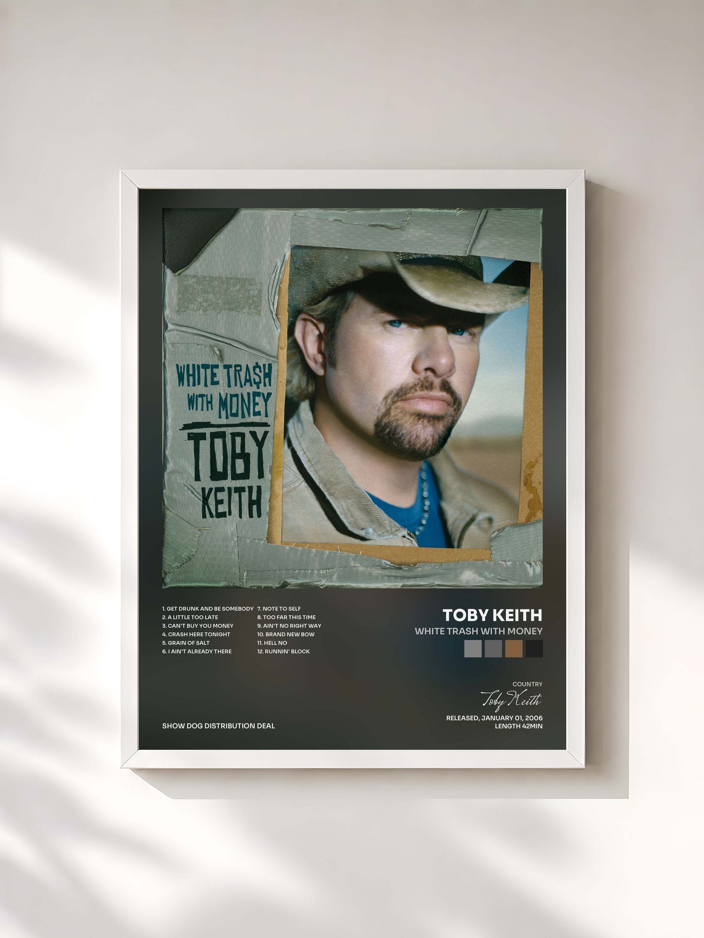 #blanc Tableau de l'album White Trash With Money de Toby Keith, cadre blanc, imprimé et encadré en France