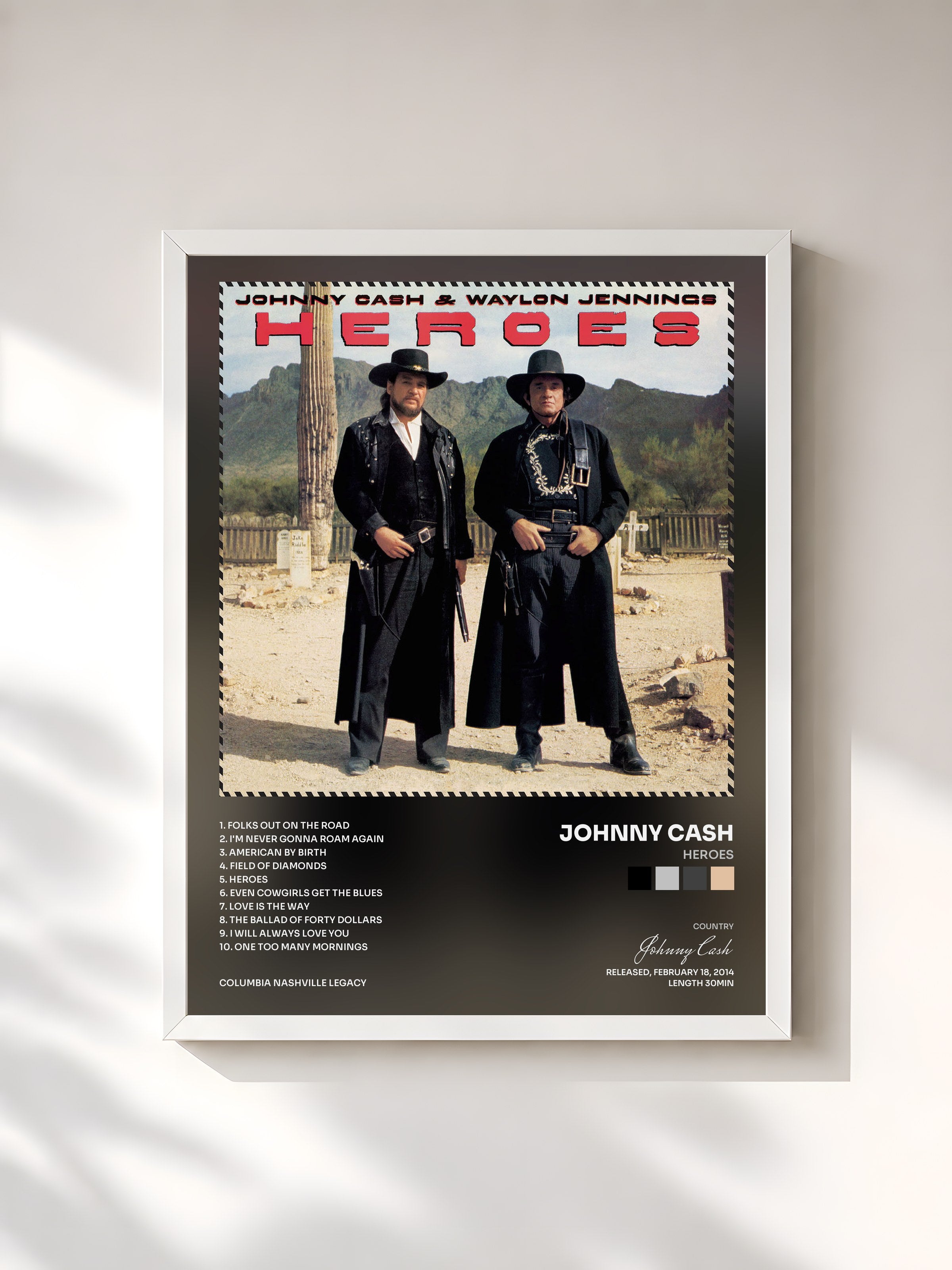 #blanc Tableau de l'album Heroes de Johnny Cash, cadre blanc, imprimé et encadré en France