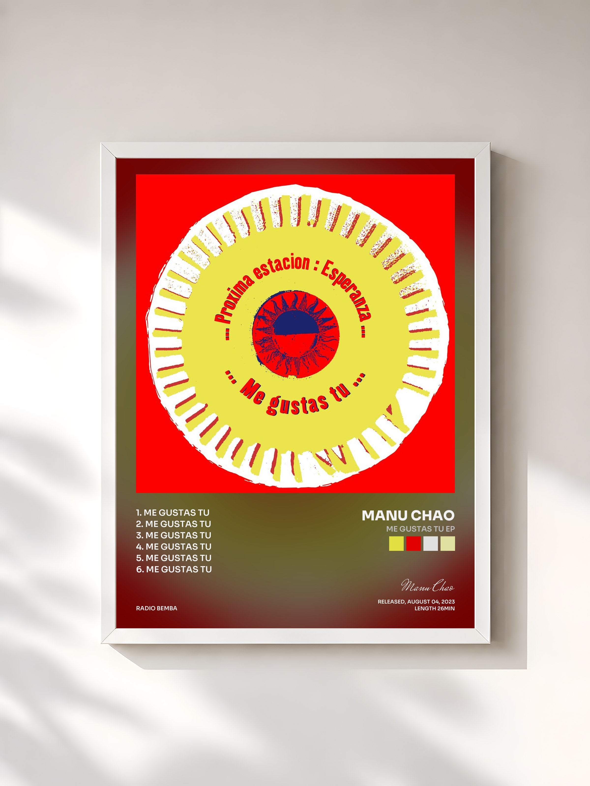 #blanc Tableau de l'album Me Gustas Tu EP de Manu Chao, cadre blanc, imprimé et encadré en France