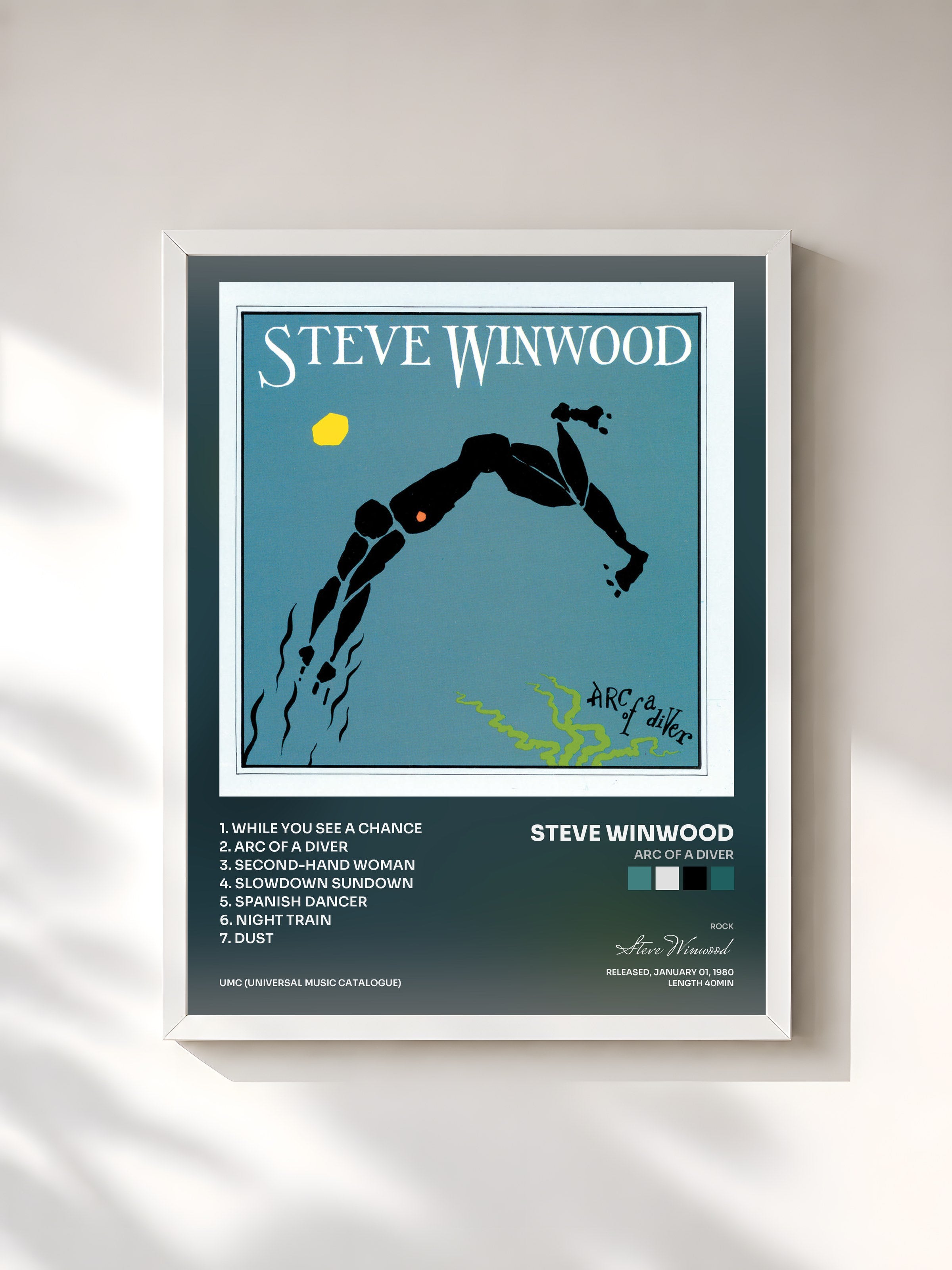 #blanc Tableau de l'album Arc Of A Diver de Steve Winwood, cadre blanc, imprimé et encadré en France