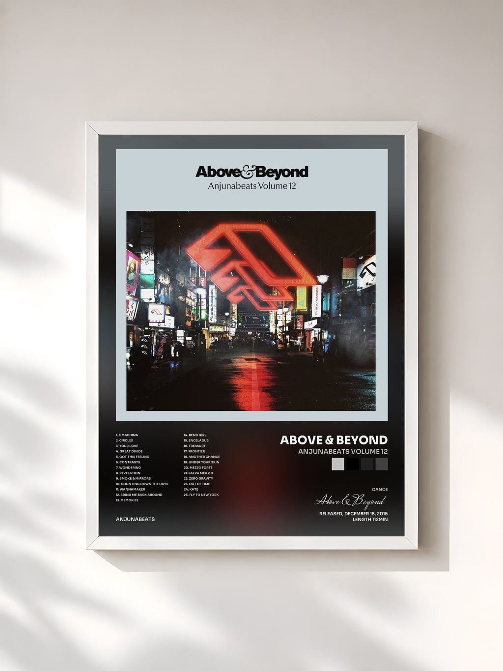 #blanc Tableau de l'album Anjunabeats Volume 12 de Above & Beyond, cadre blanc, imprimé et encadré en France