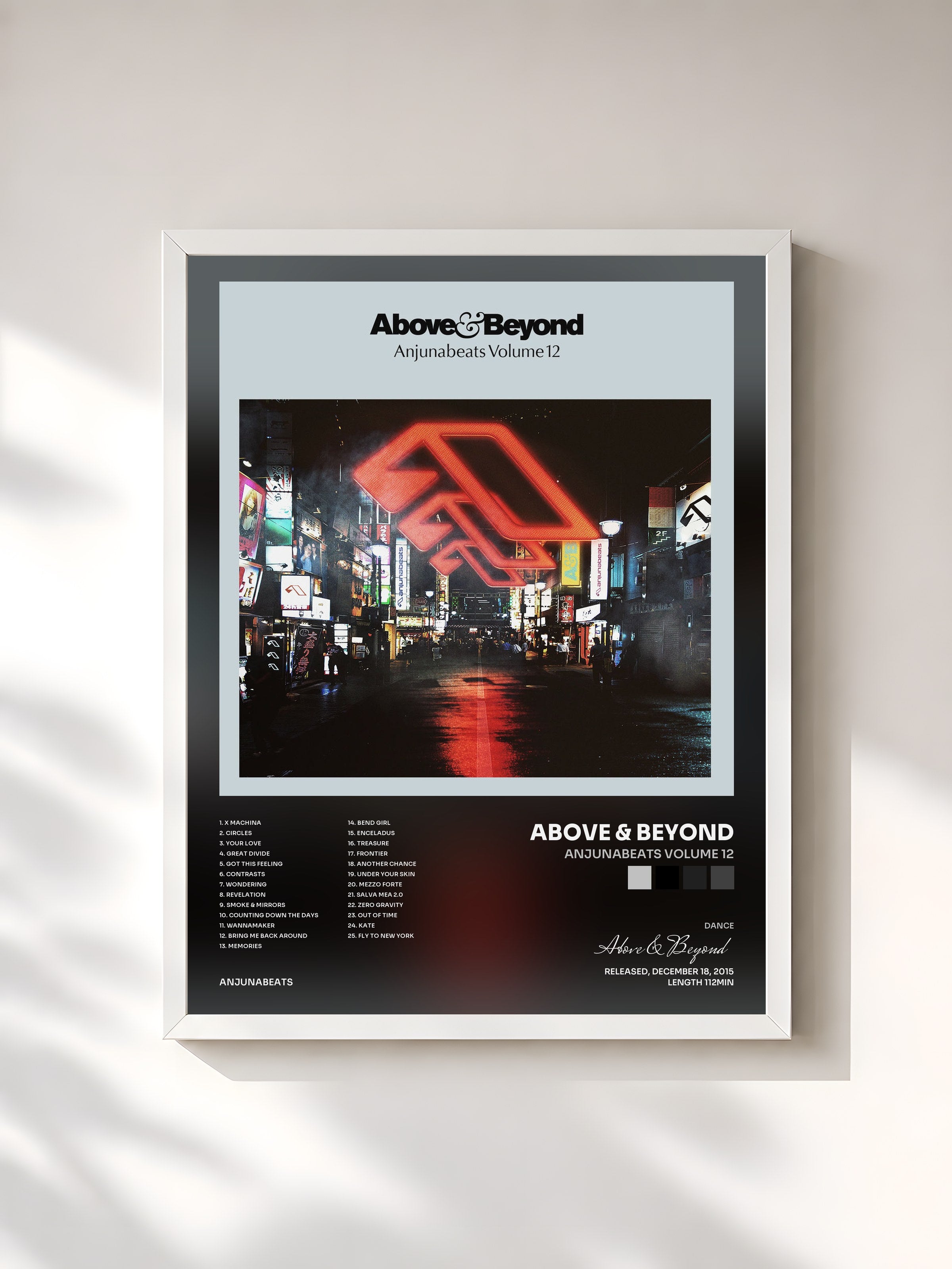 #blanc Tableau de l'album Anjunabeats Volume 12 de Above & Beyond, cadre blanc, imprimé et encadré en France