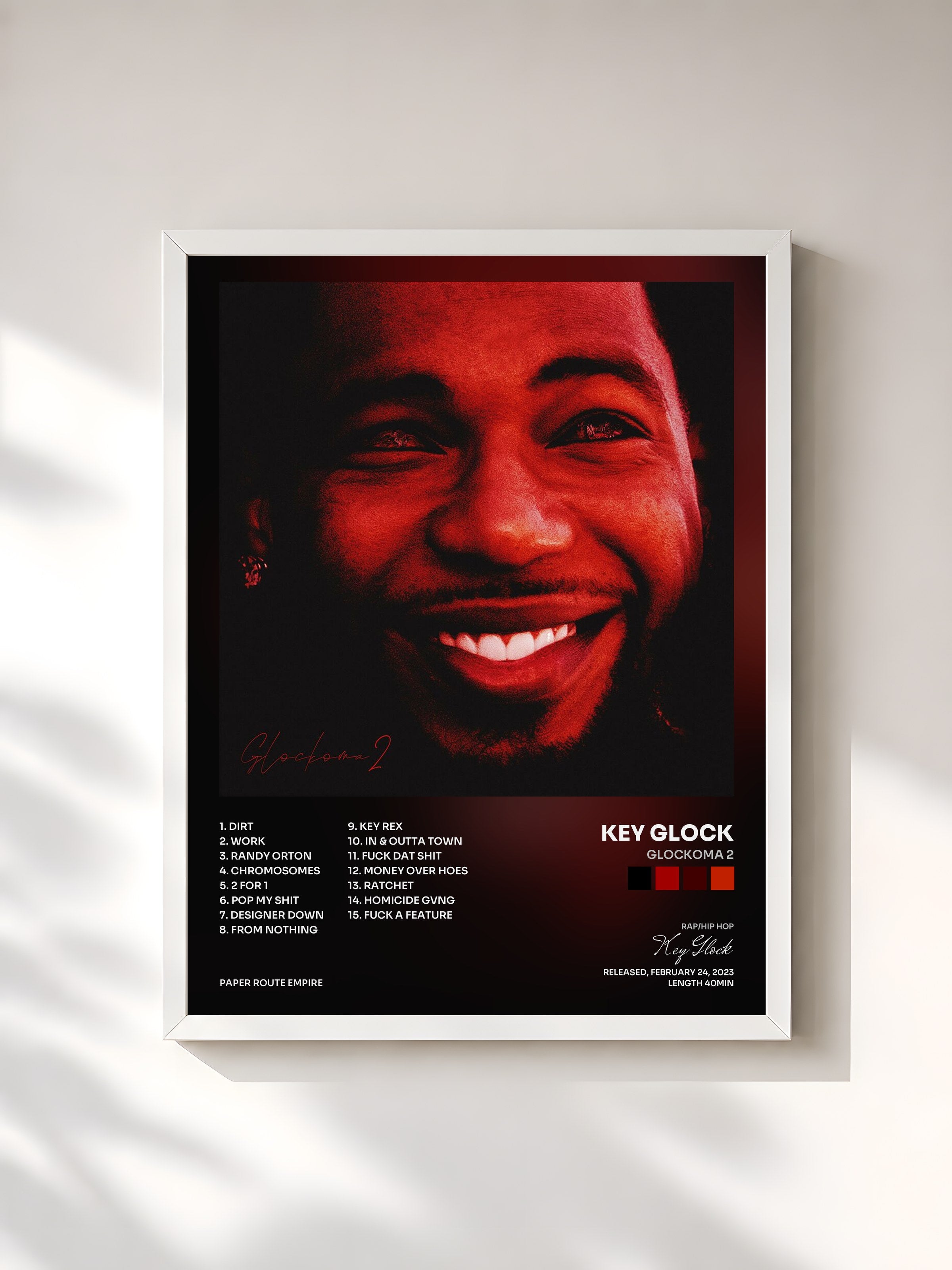 #blanc Tableau de l'album Glockoma 2 de Key Glock, cadre blanc, imprimé et encadré en France