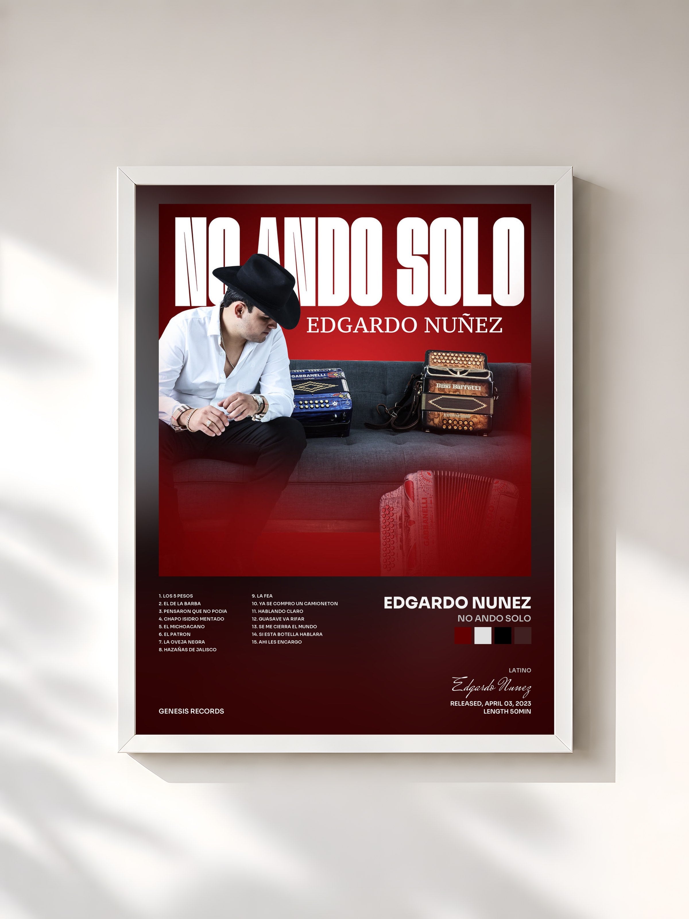 #blanc Tableau de l'album No Ando Solo de Edgardo Nunez, cadre blanc, imprimé et encadré en France