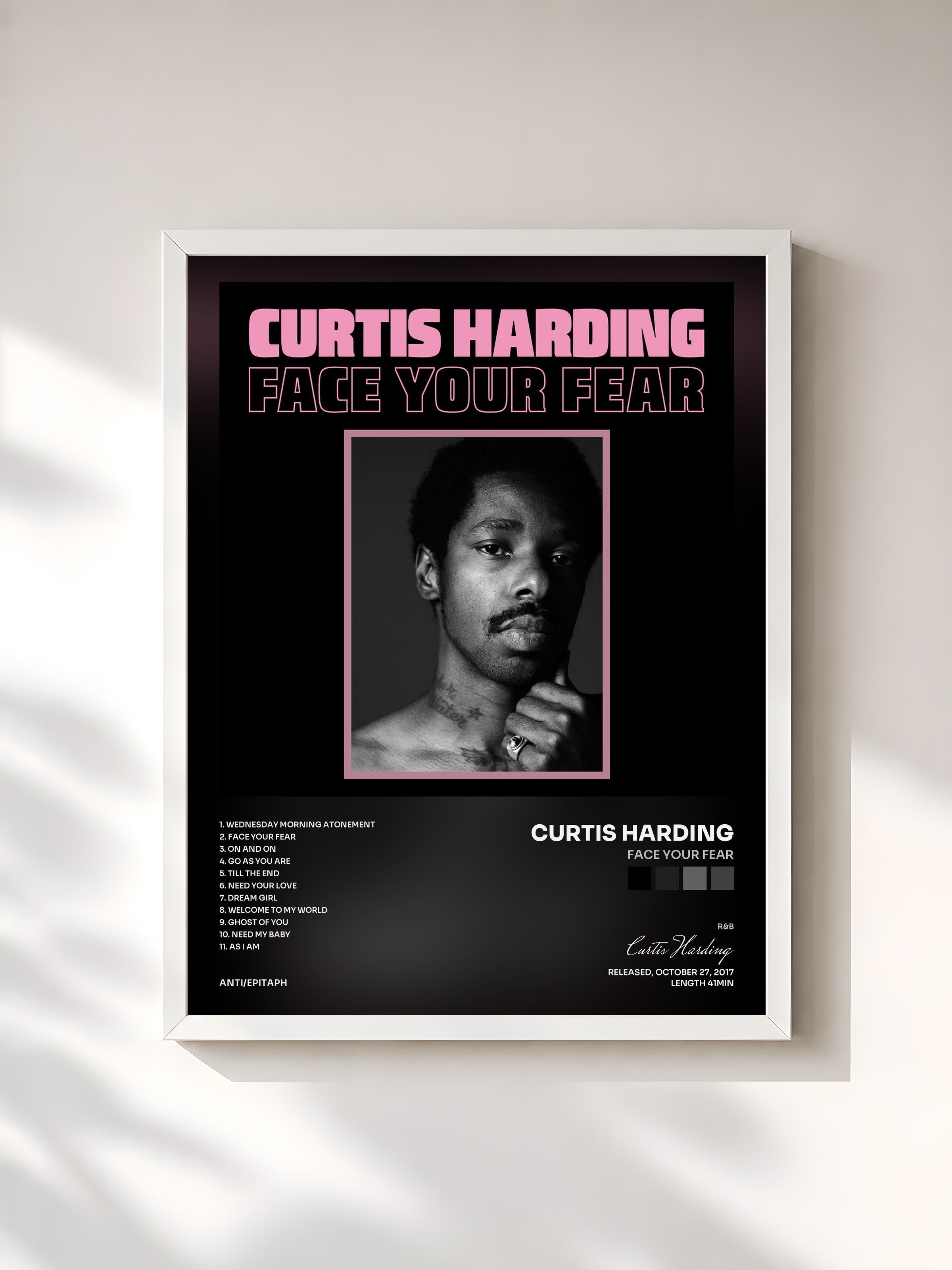 #blanc Tableau de l'album Face Your Fear de Curtis Harding, cadre blanc, imprimé et encadré en France