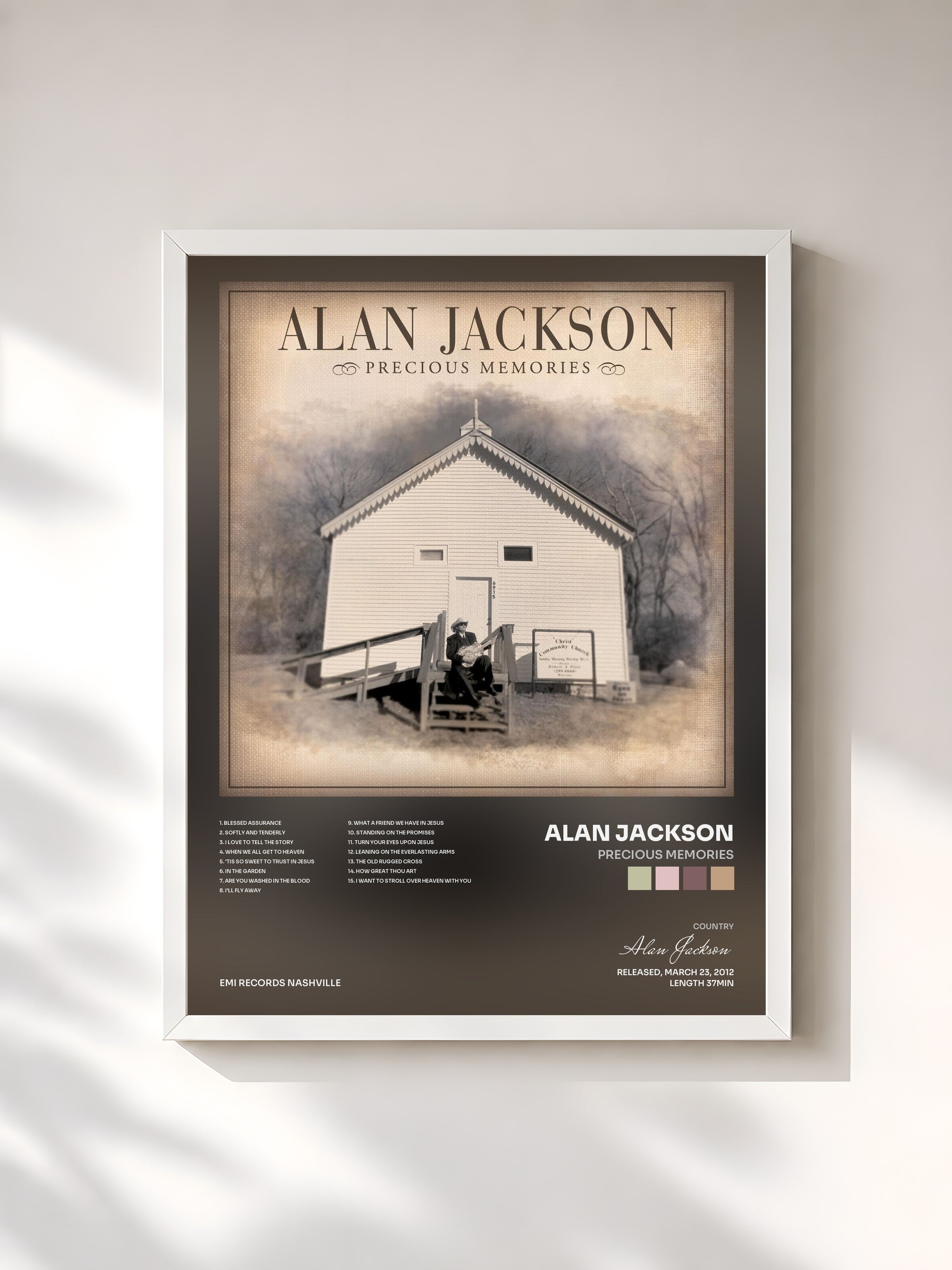 #blanc Tableau de l'album Precious Memories de Alan Jackson, cadre blanc, imprimé et encadré en France