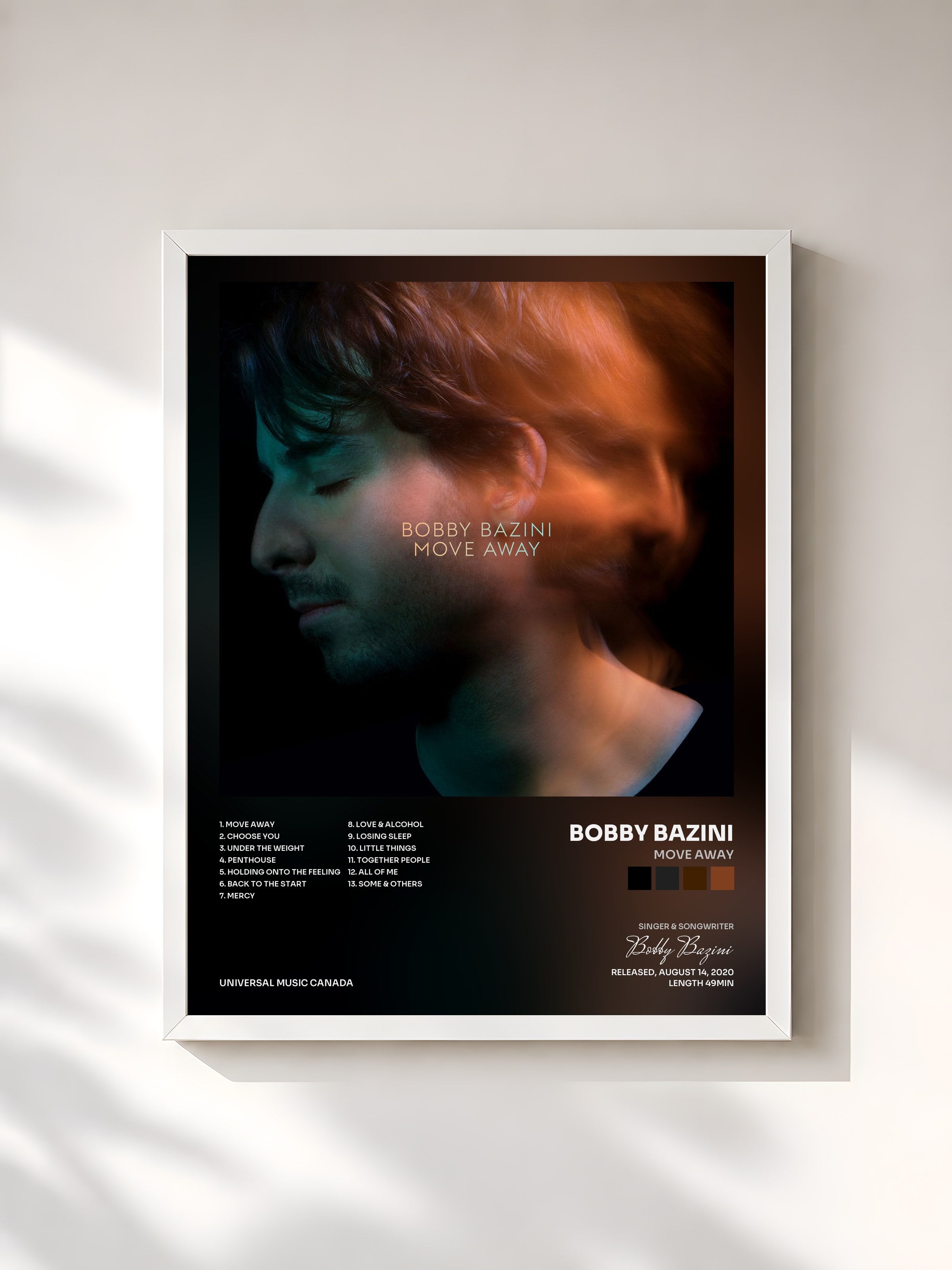 #blanc Tableau de l'album Move Away de Bobby Bazini, cadre blanc, imprimé et encadré en France