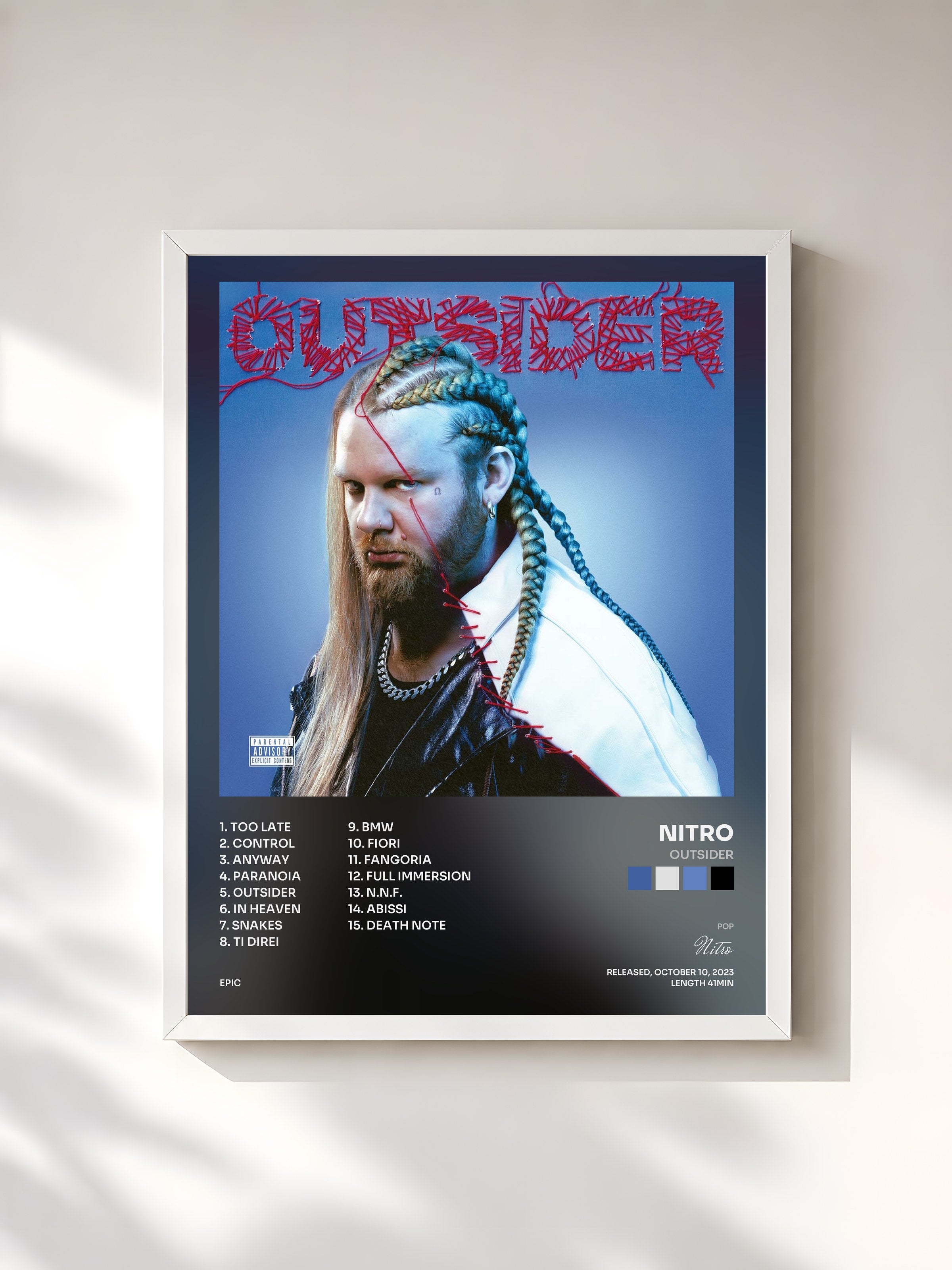 #blanc Tableau de l'album OUTSIDER de Nitro, cadre blanc, imprimé et encadré en France