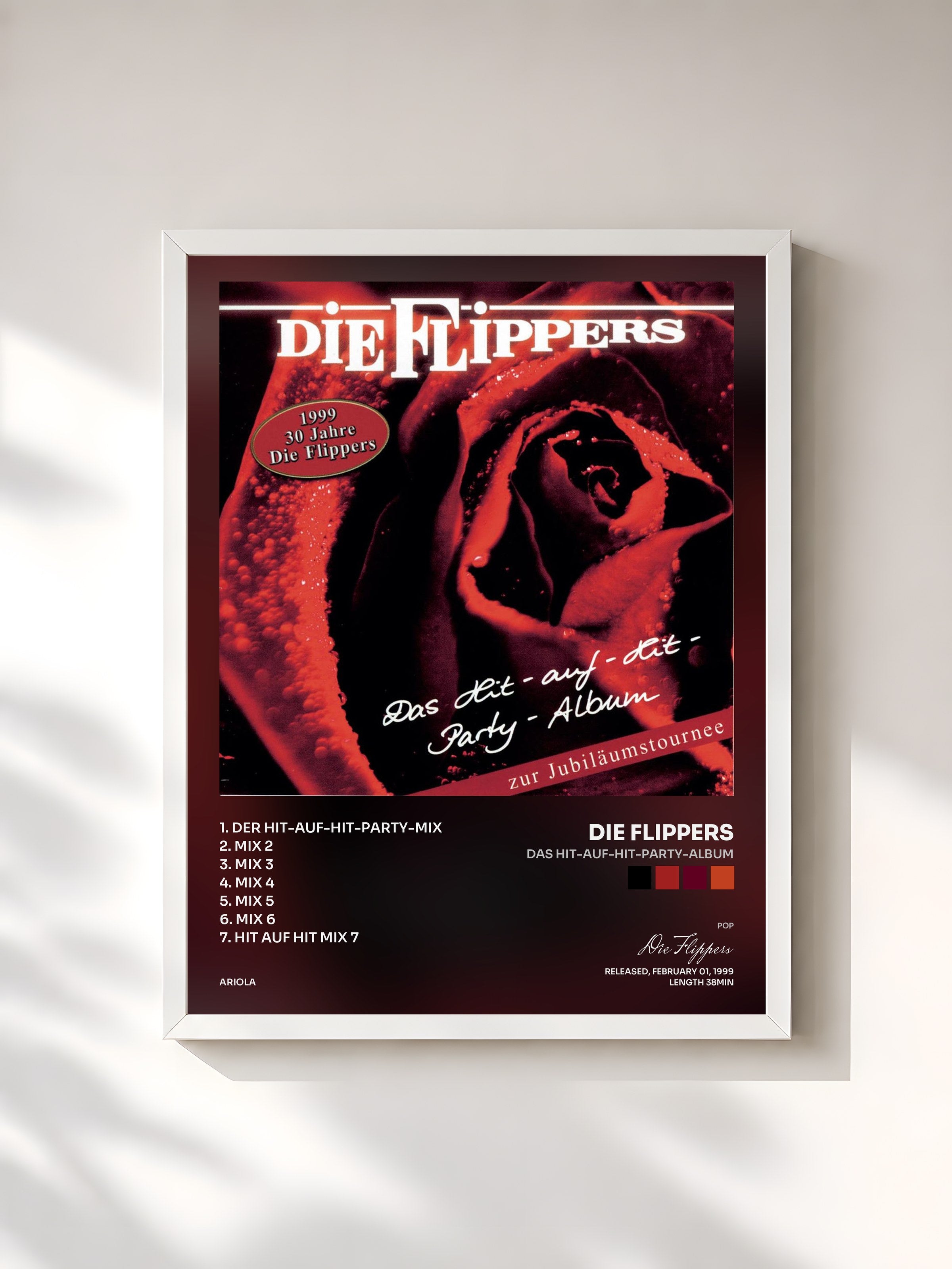 #blanc Tableau de l'album Das Hit-auf-Hit-Party-Album de Die Flippers, cadre blanc, imprimé et encadré en France