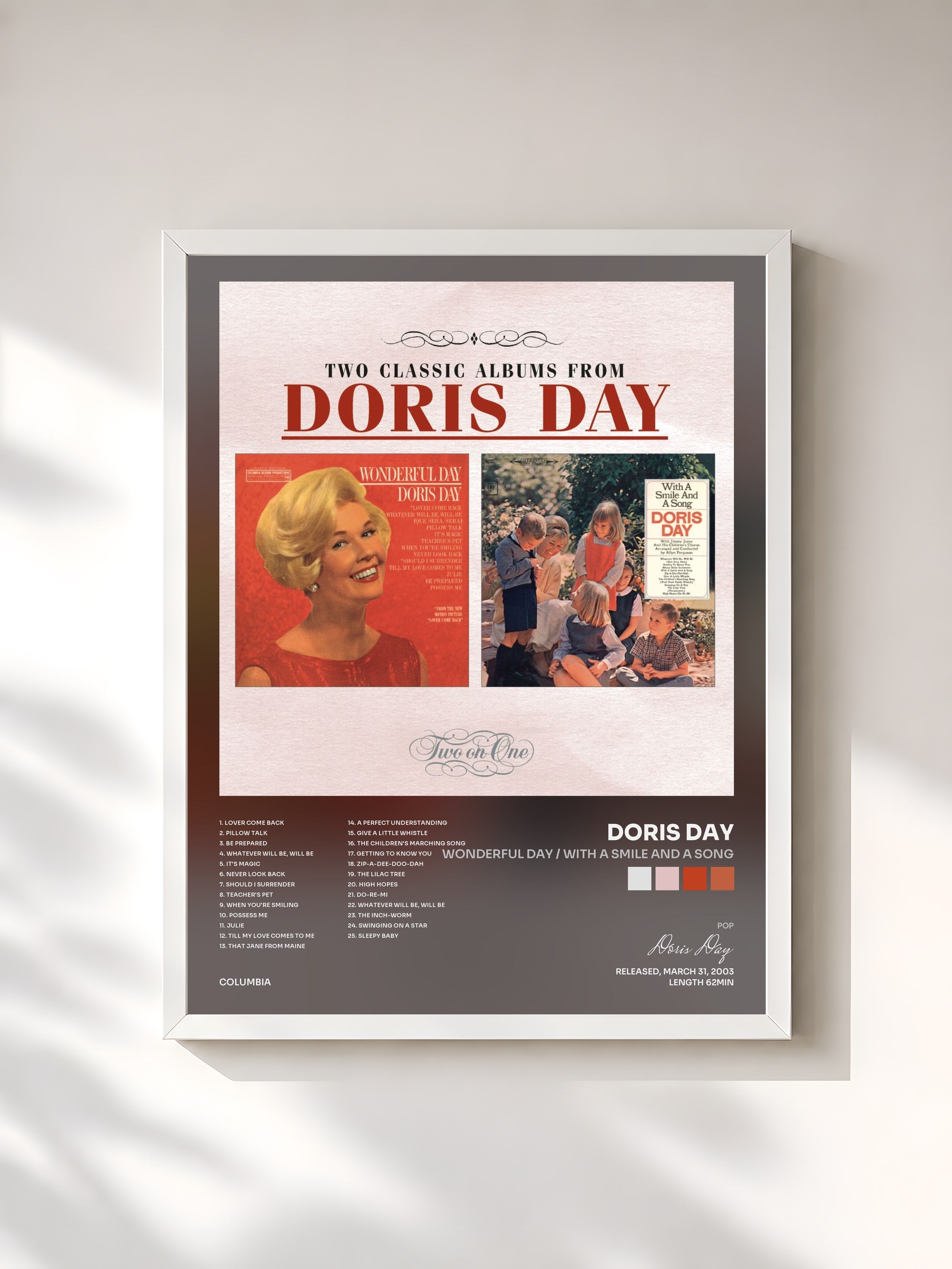 #blanc Tableau de l'album Wonderful Day / With A Smile And A Song de Doris Day, cadre blanc, imprimé et encadré en France