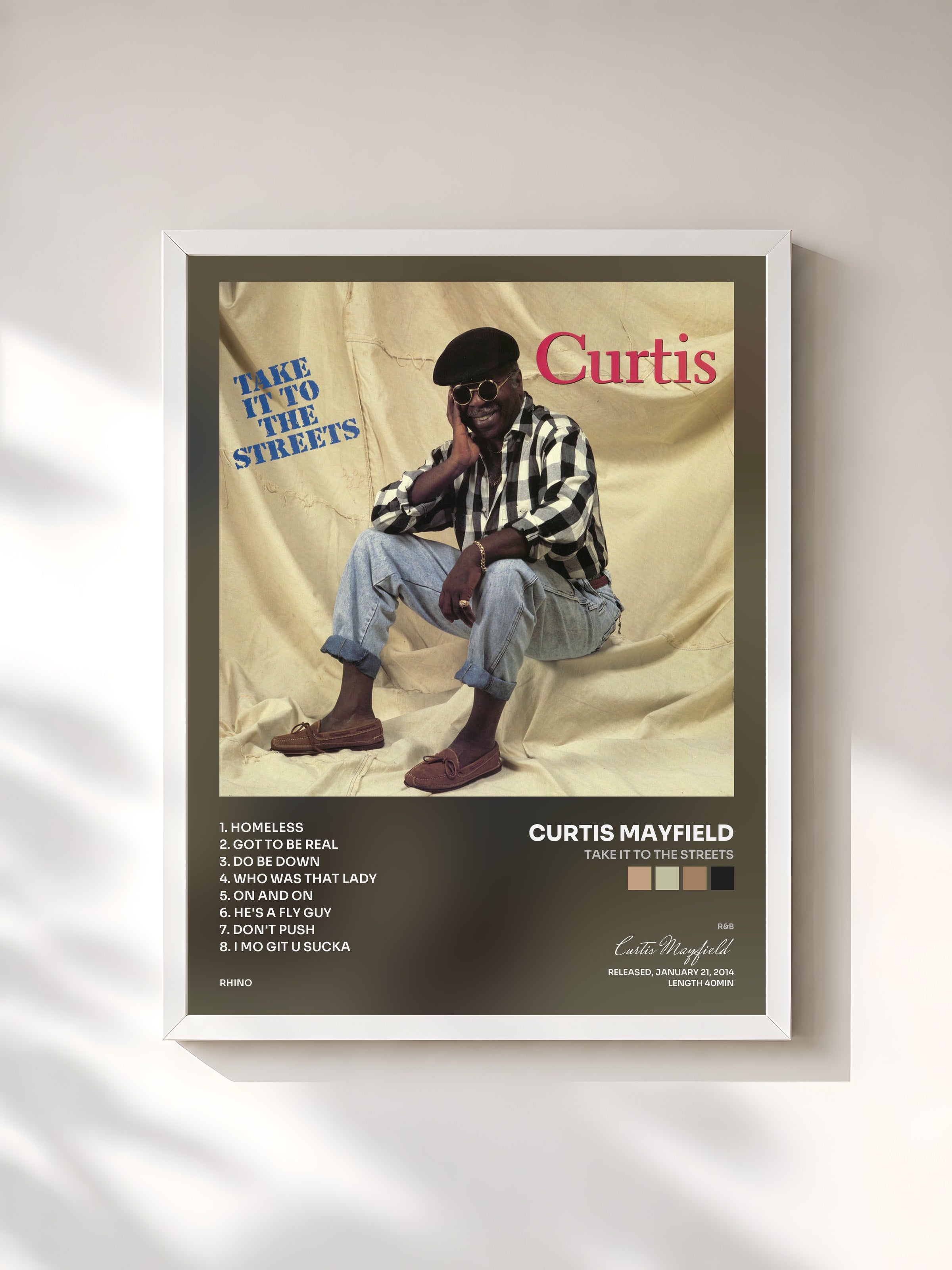#blanc Tableau de l'album Take It to the Streets de Curtis Mayfield, cadre blanc, imprimé et encadré en France
