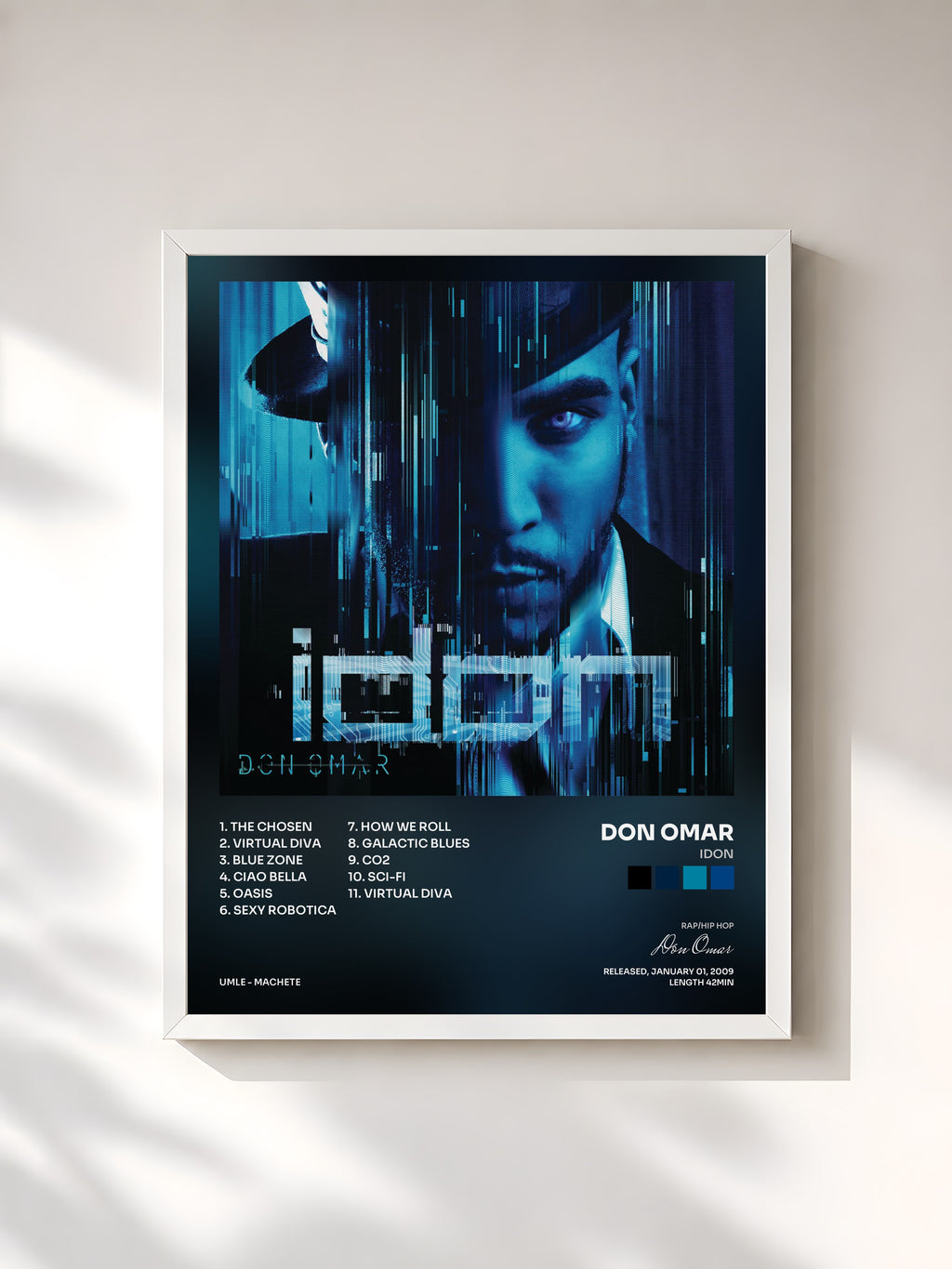 #blanc Tableau de l'album iDon de Don Omar, cadre blanc, imprimé et encadré en France