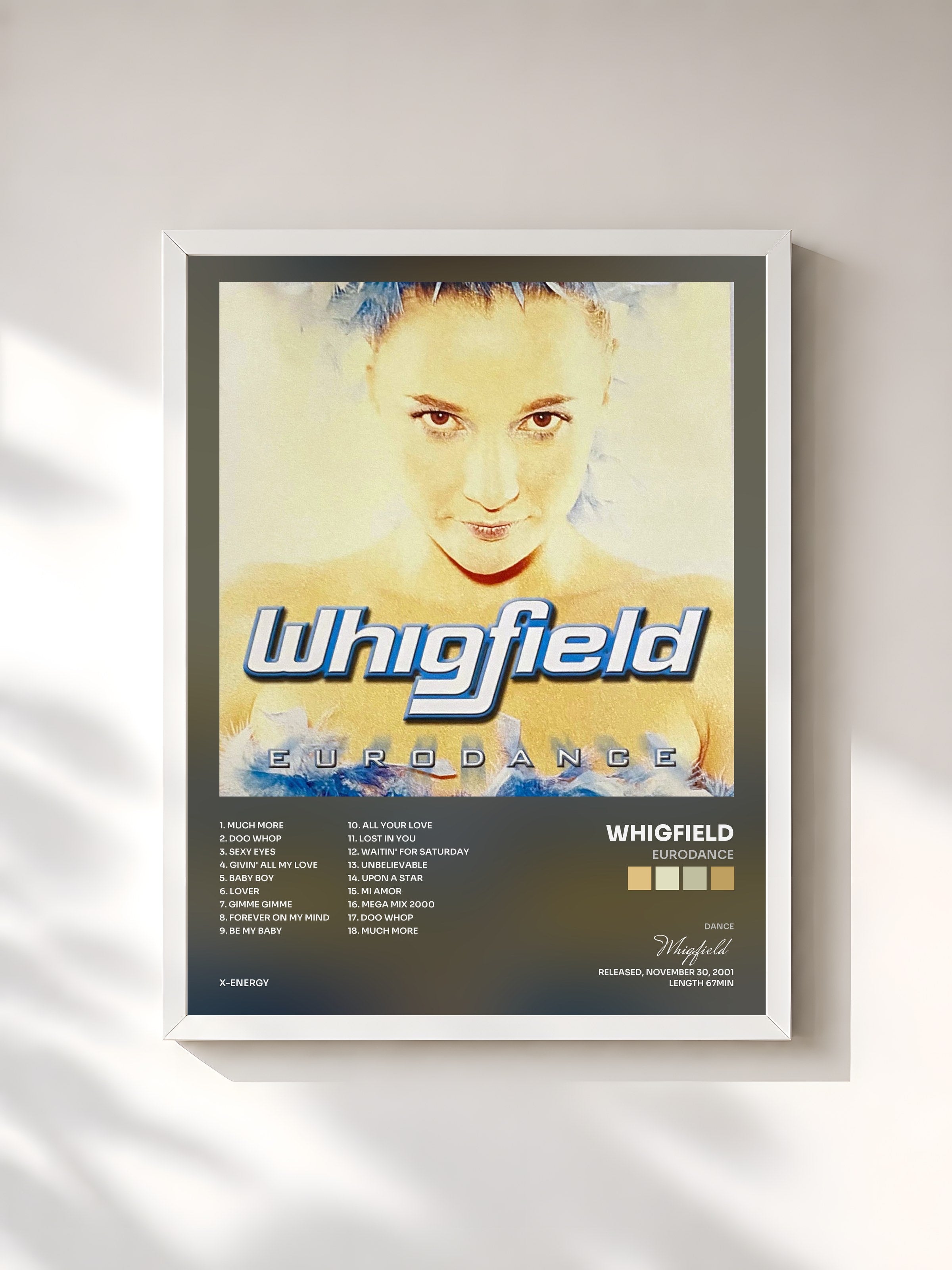 #blanc Tableau de l'album Eurodance de Whigfield, cadre blanc, imprimé et encadré en France