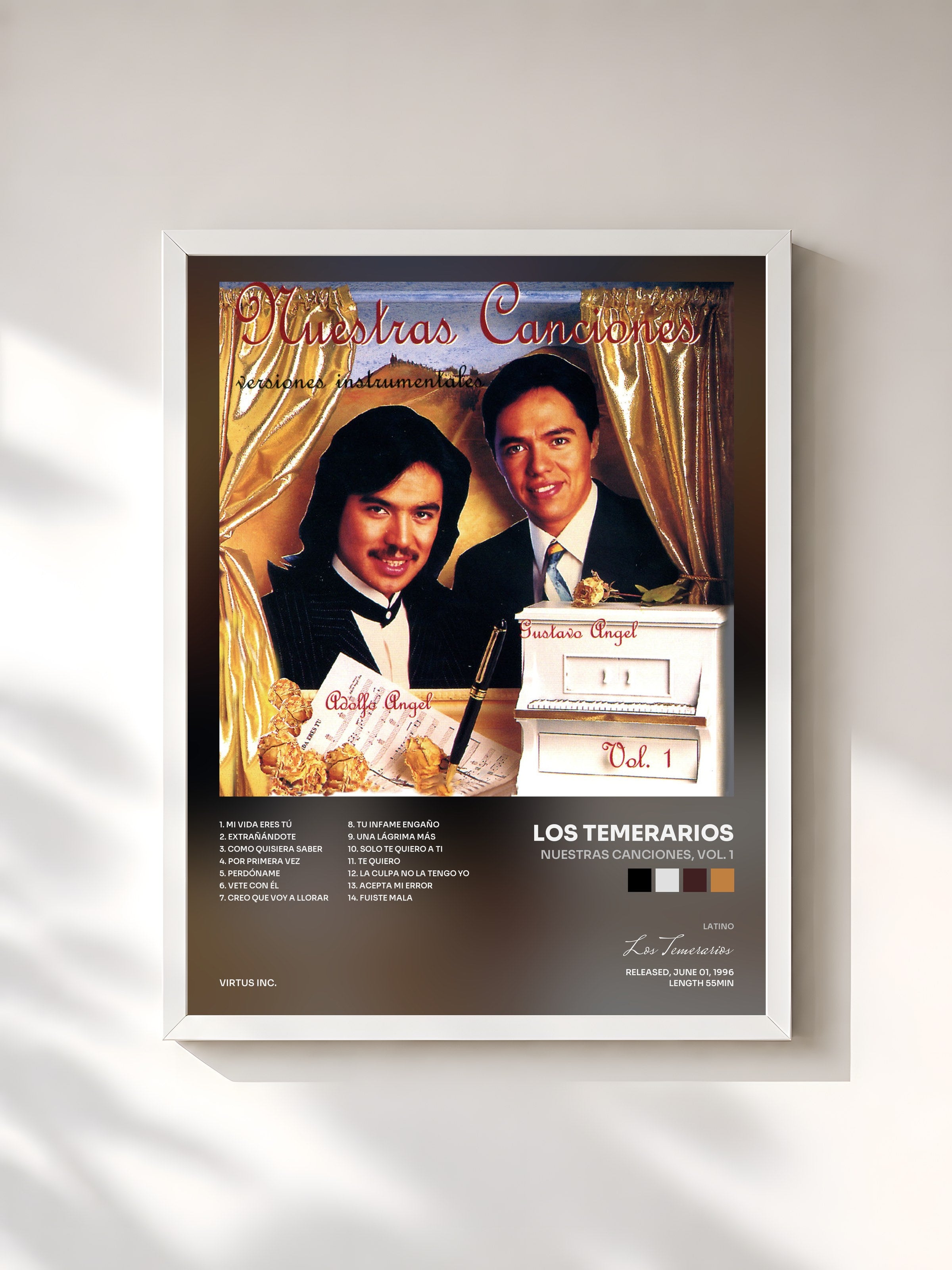 #blanc Tableau de l'album Nuestras Canciones, Vol. 1 de Los Temerarios, cadre blanc, imprimé et encadré en France