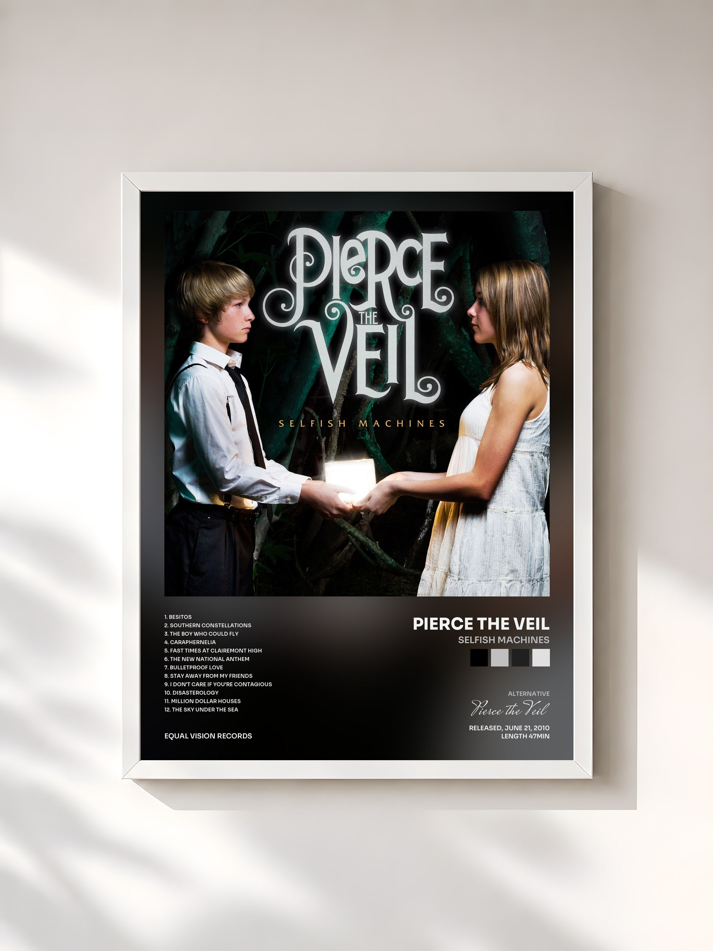 #blanc Tableau de l'album Selfish Machines de Pierce the Veil, cadre blanc, imprimé et encadré en France