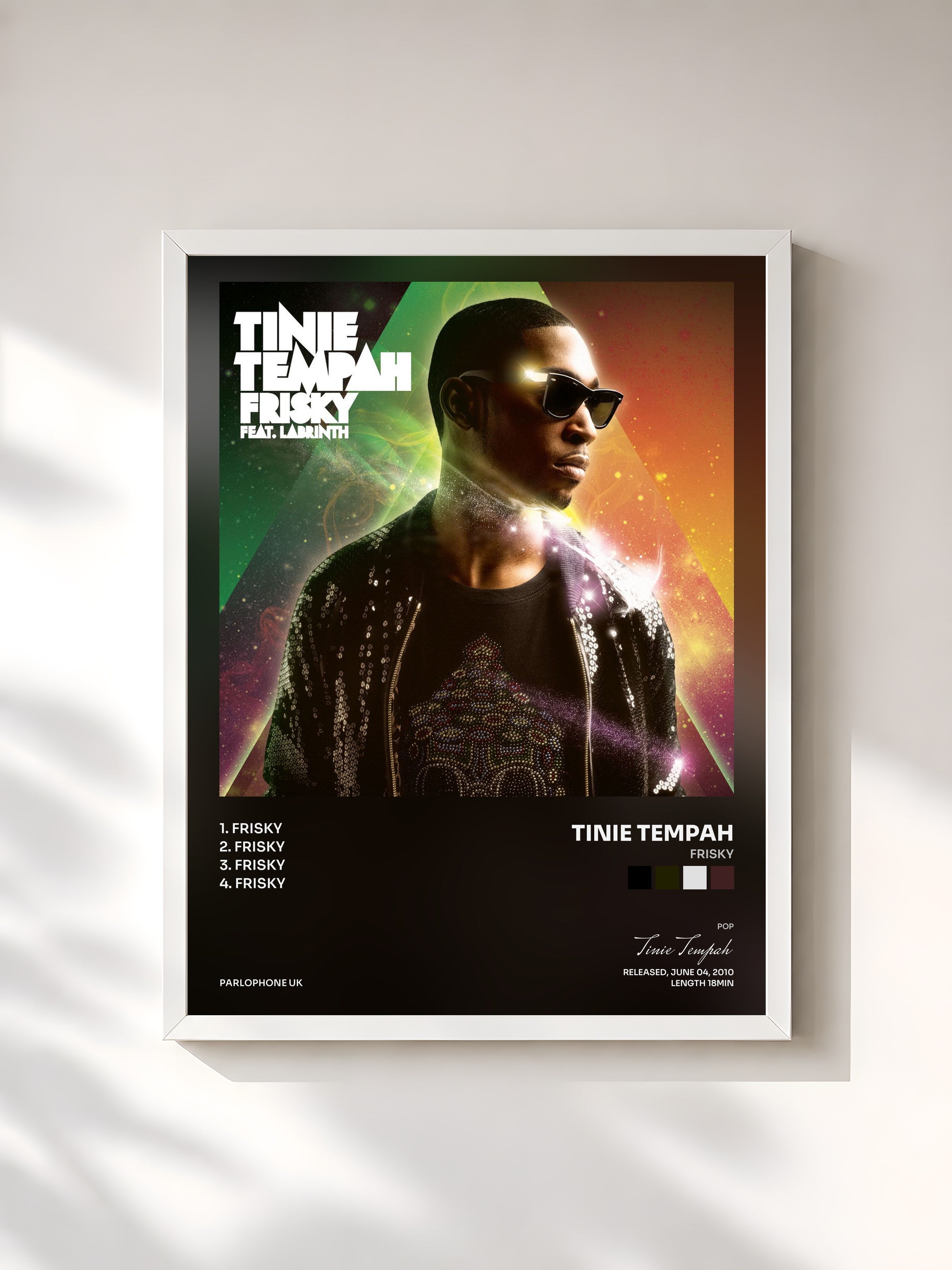 #blanc Tableau de l'album Frisky de Tinie Tempah, cadre blanc, imprimé et encadré en France
