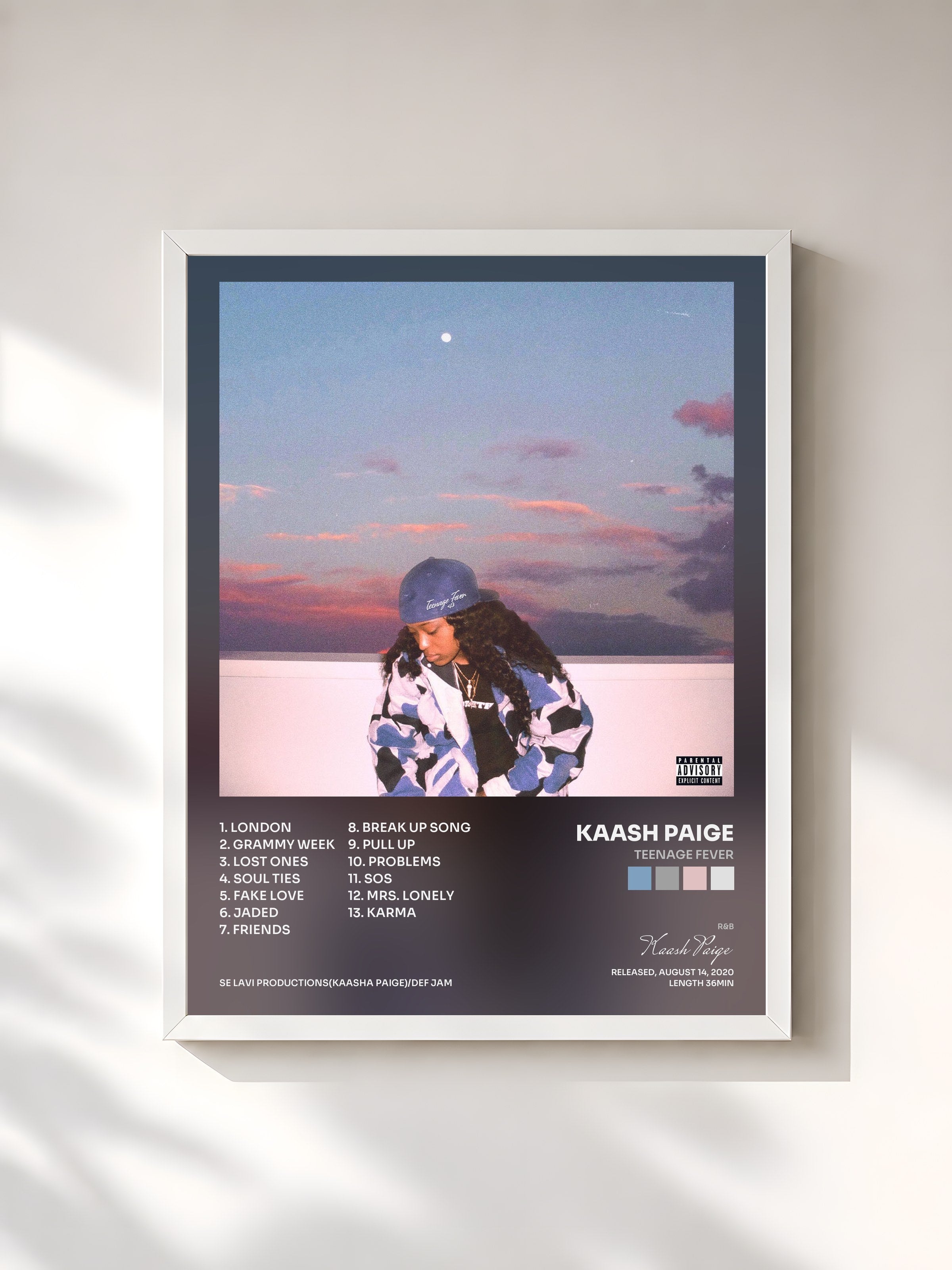 #blanc Tableau de l'album Teenage Fever de Kaash Paige, cadre blanc, imprimé et encadré en France
